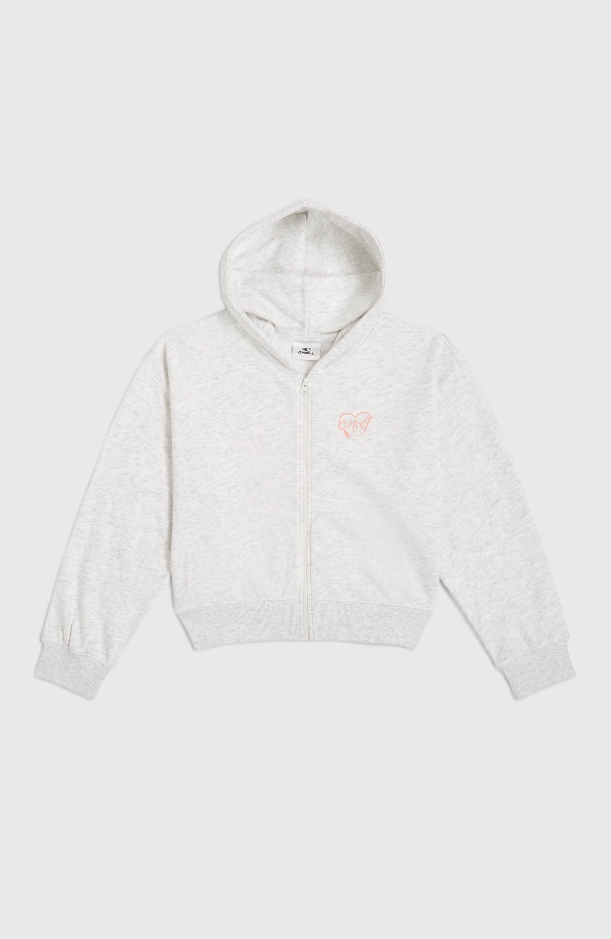 Script Kapuzenjacke mit Reißverschluss für Mädchen, weiß mit Logo-Print in Rosa, flach liegend von vorne