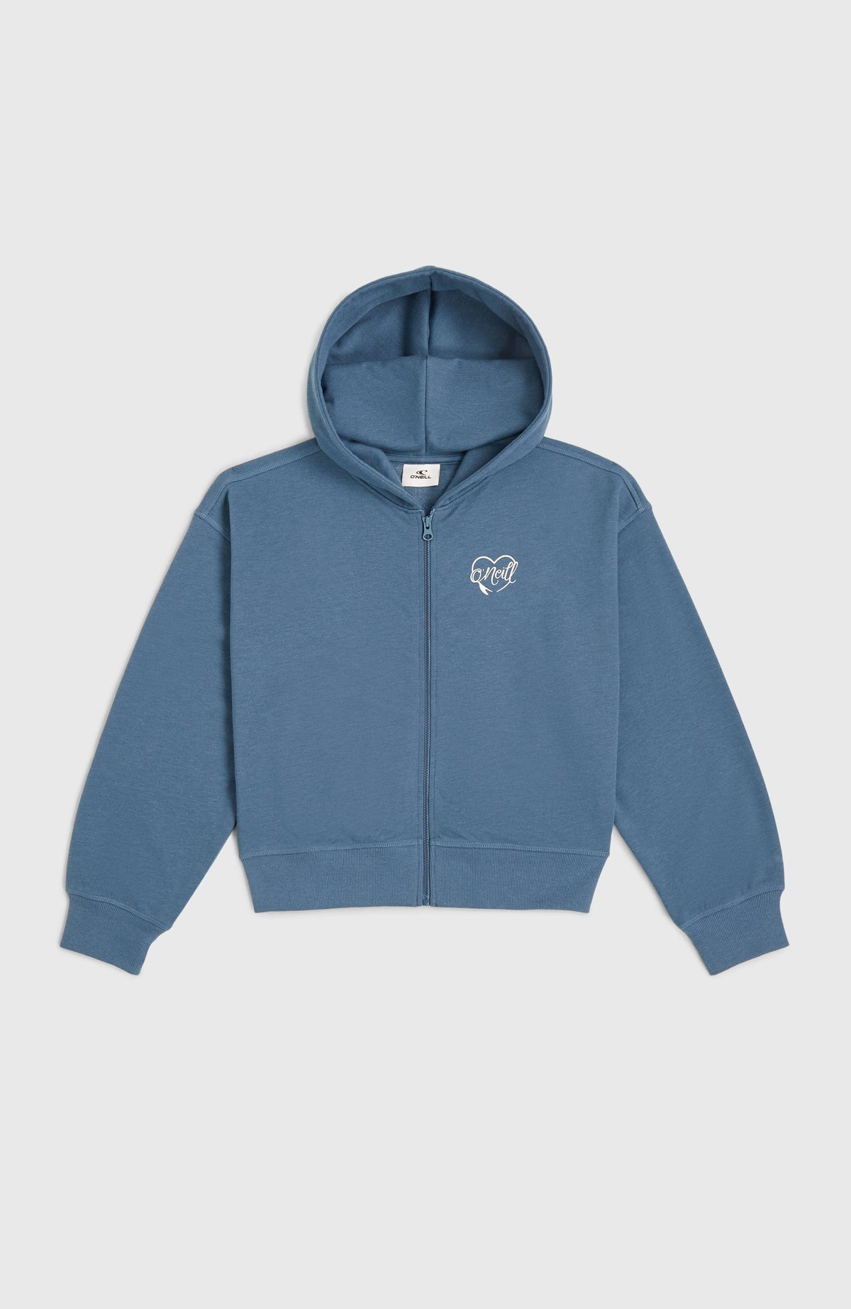 Script Kapuzenjacke mit Reißverschluss für Mädchen, blau mit Logo-Print in Weiß, flach liegend von vorne
