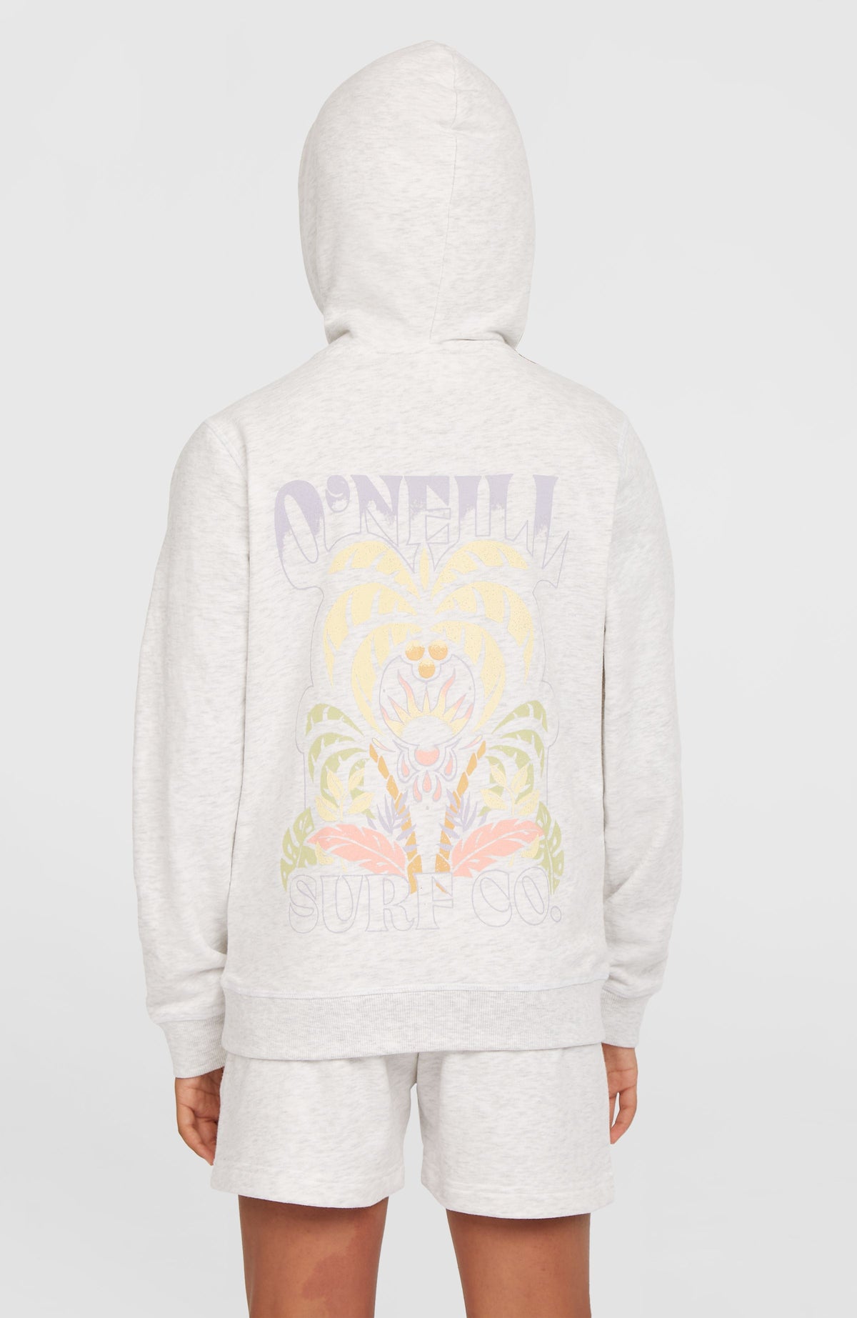 Back Print Hoodie für Mädchen, weiß mit Grafik-Print in Gelb und Lila, Rückansicht am Model