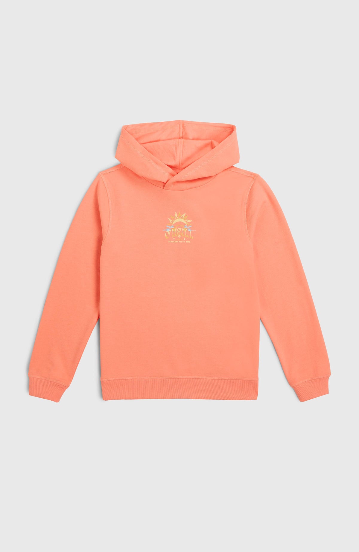 O'Neill Back Print Hoodie Kapuzenpullover für Mädchen, pink mit Grafik-Print in Gelb und Blau, flach liegend von vorne