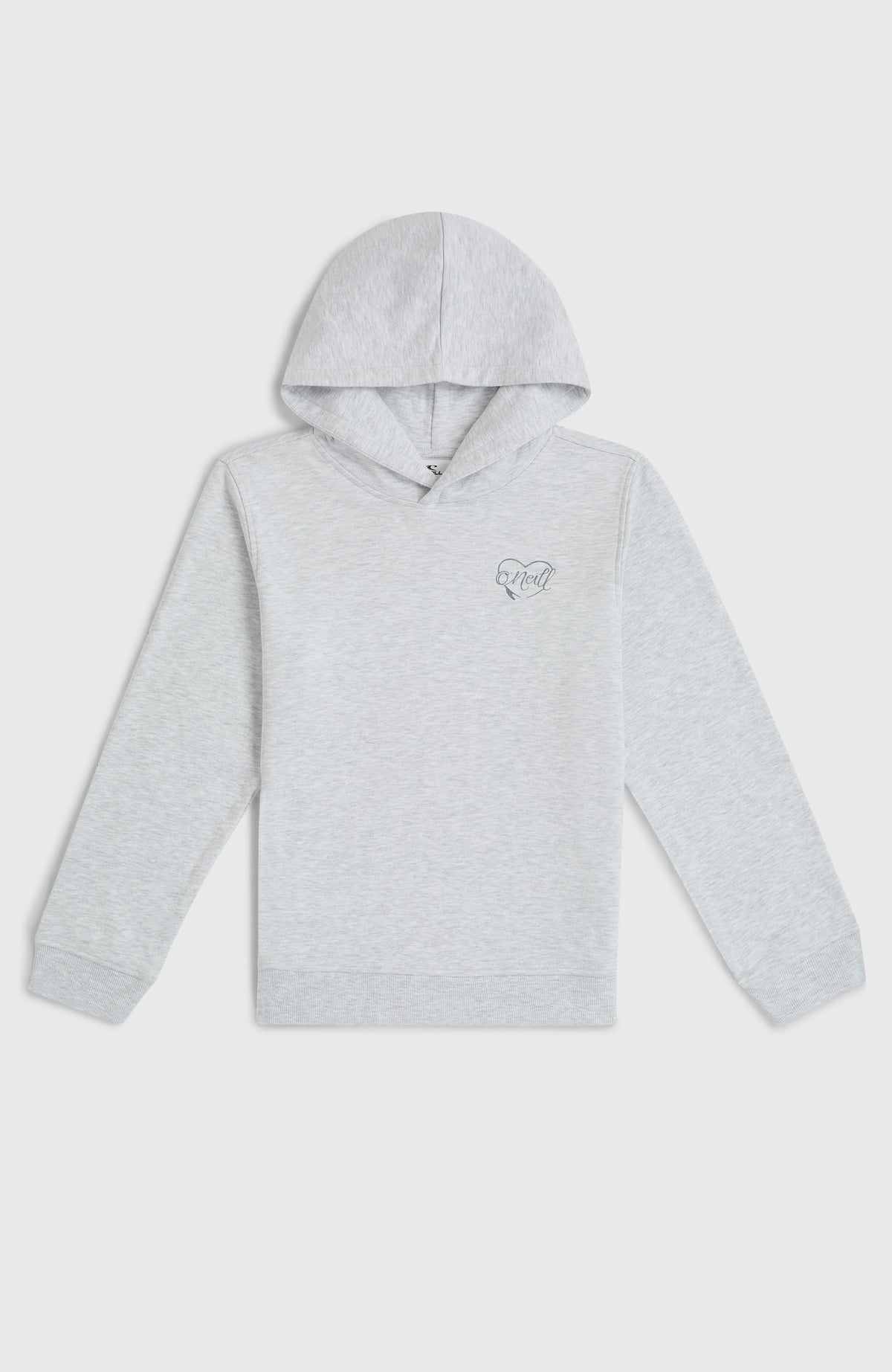 Essentials Hoodie für Mädchen, weiß mit Logo-Print in Grau, flach liegend von vorne mit Kapuze und Rippbündchen