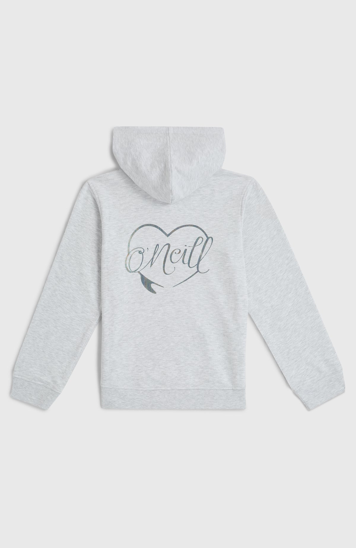 Essentials Hoodie für Mädchen, weiß mit Logo-Print in Grau, flach liegend von hinten mit großem Rückenprint