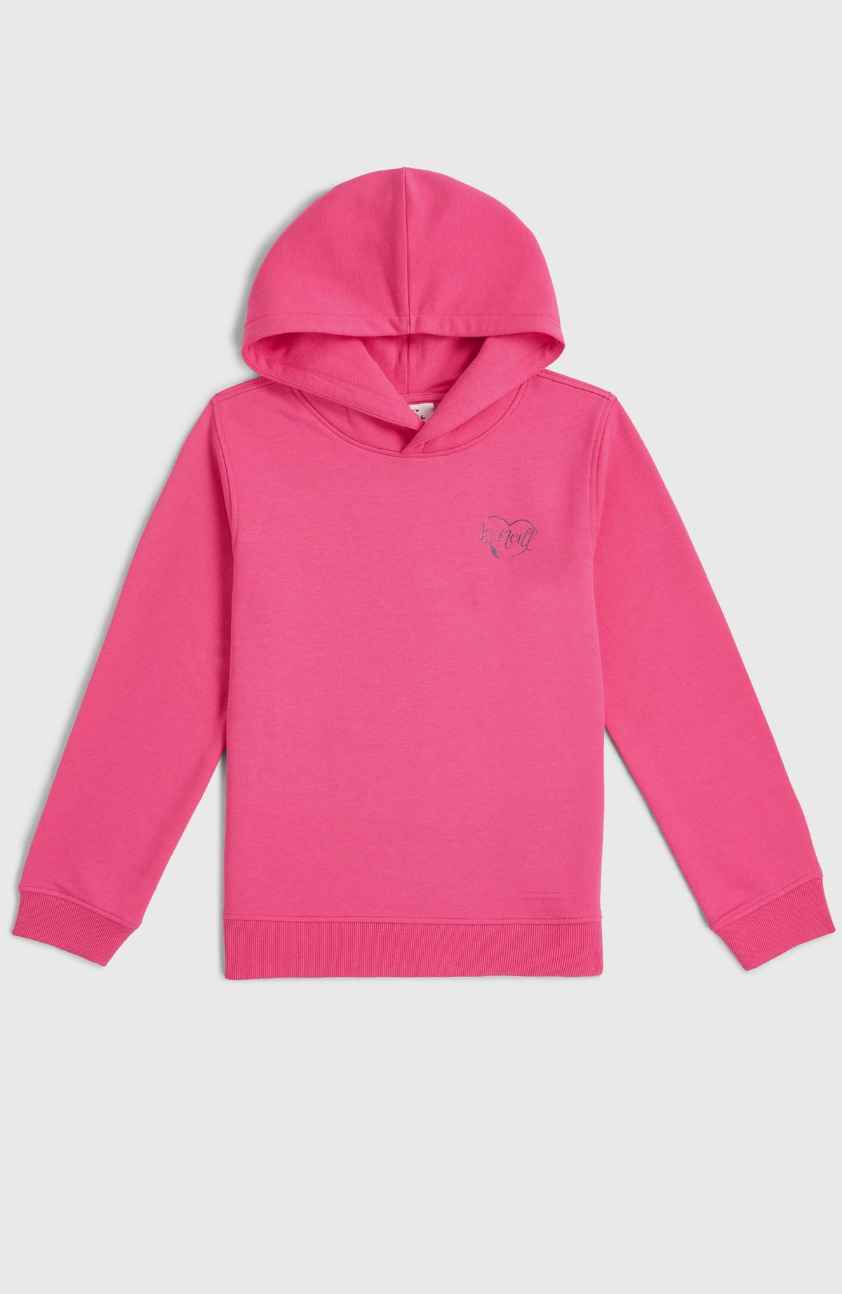Essentials Hoodie für Mädchen in Pink, flach liegend von vorne mit Kapuze und kleinem Logo-Print