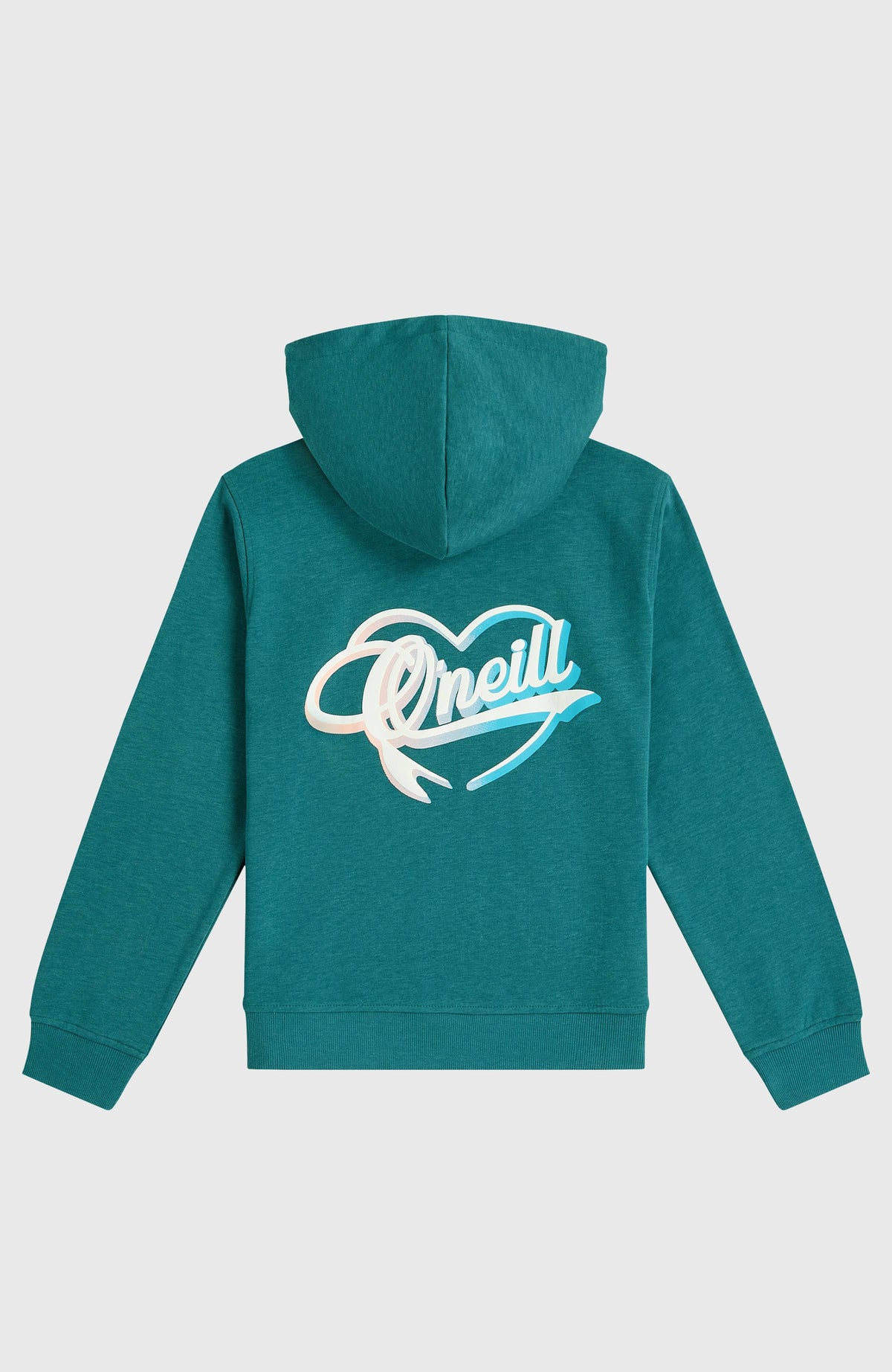 Essentials Script Hoodie für Mädchen, grün mit Logo-Print in Weiß und Rosa, flach liegend von hinten