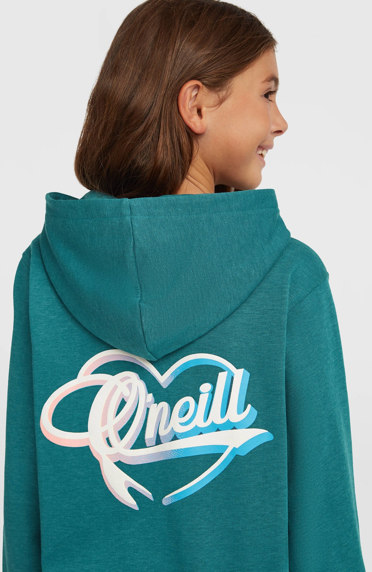Essentials Script Hoodie für Mädchen, grün mit Logo-Print in Weiß und Rosa, Nahaufnahme der Rückseite