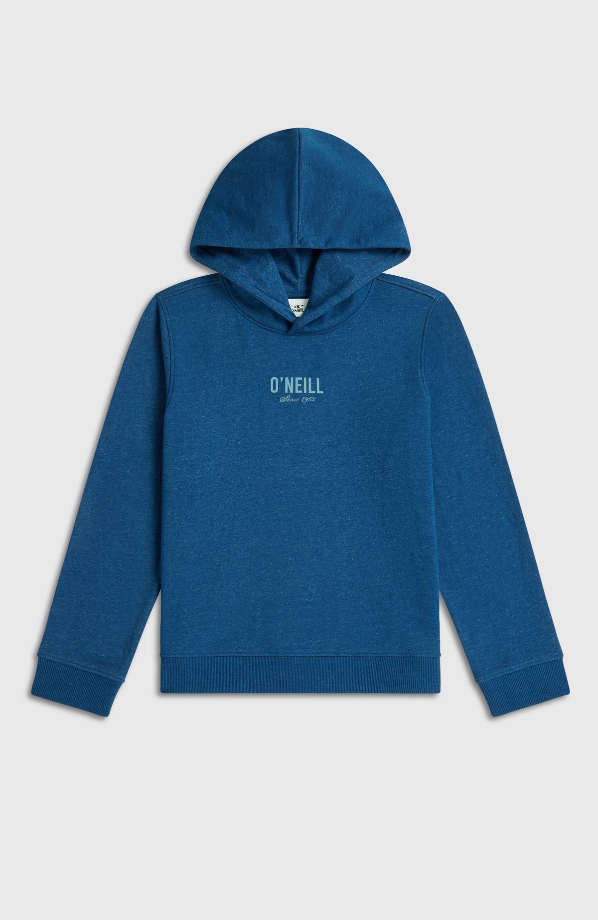 Essentials Hoodie für Mädchen, blau, flach liegend von vorne mit Kapuze und Rippstrickbündchen