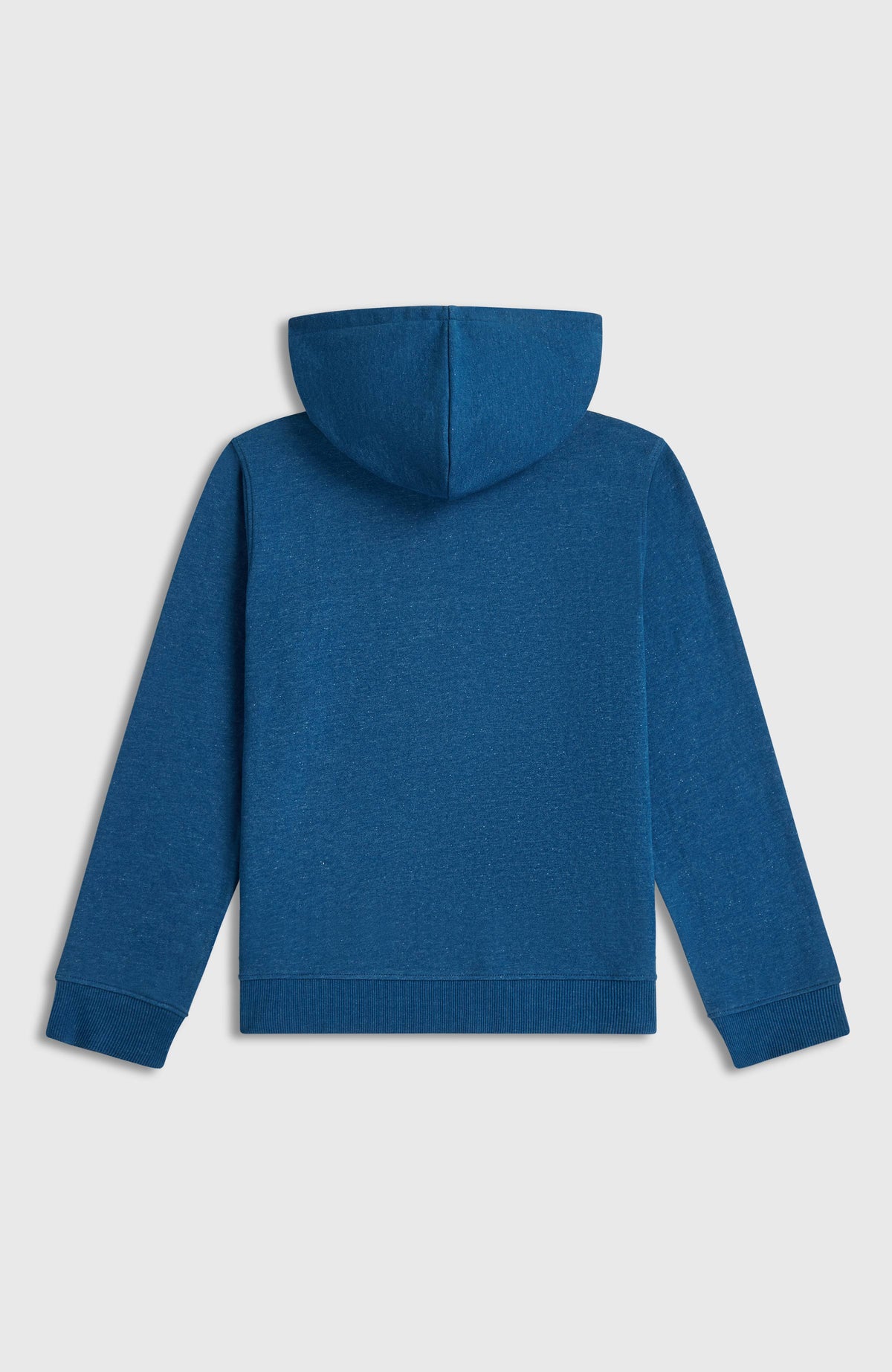 Essentials Hoodie für Mädchen, blau, flach liegend von hinten mit aufrechter Kapuze und Saum