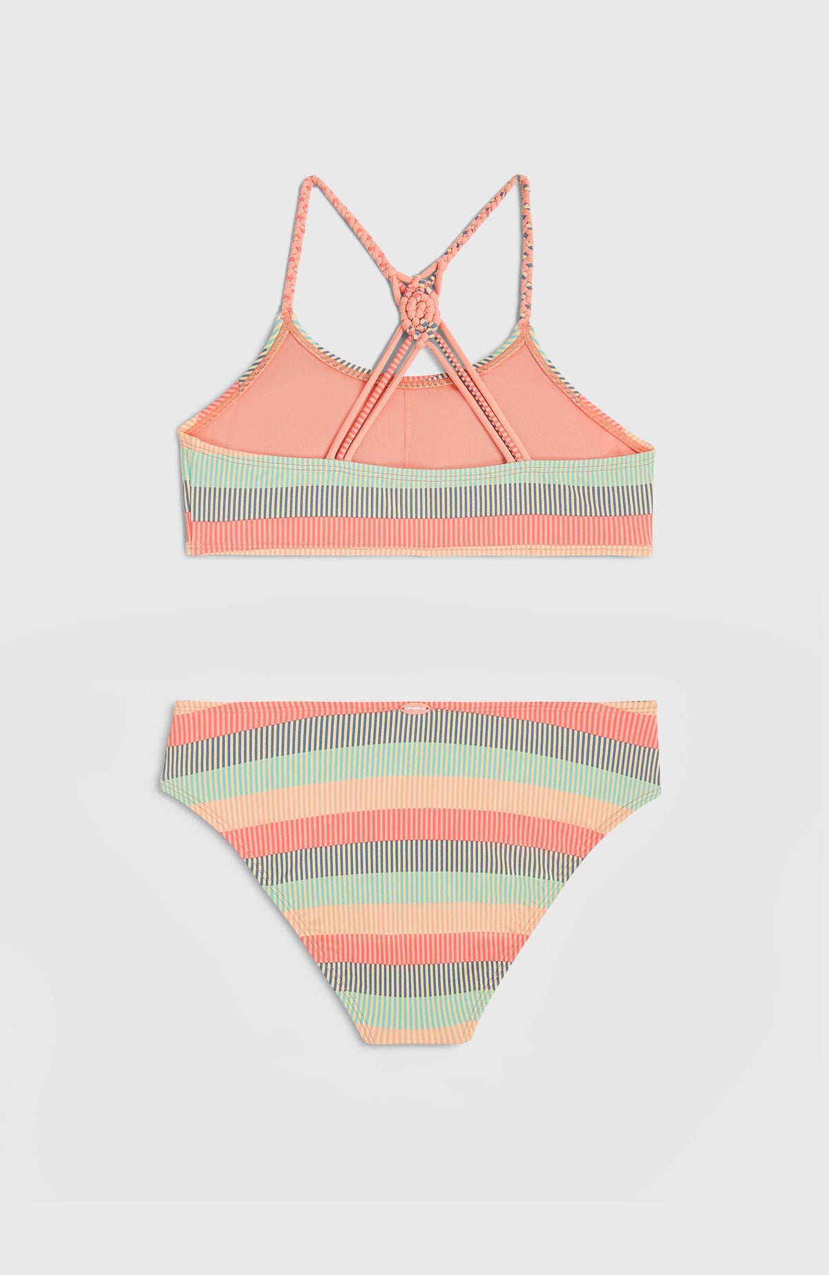 Tropics Bikini-Set für Mädchen, grün mit Streifenmuster in Koralle und Gelb, flach liegend von hinten