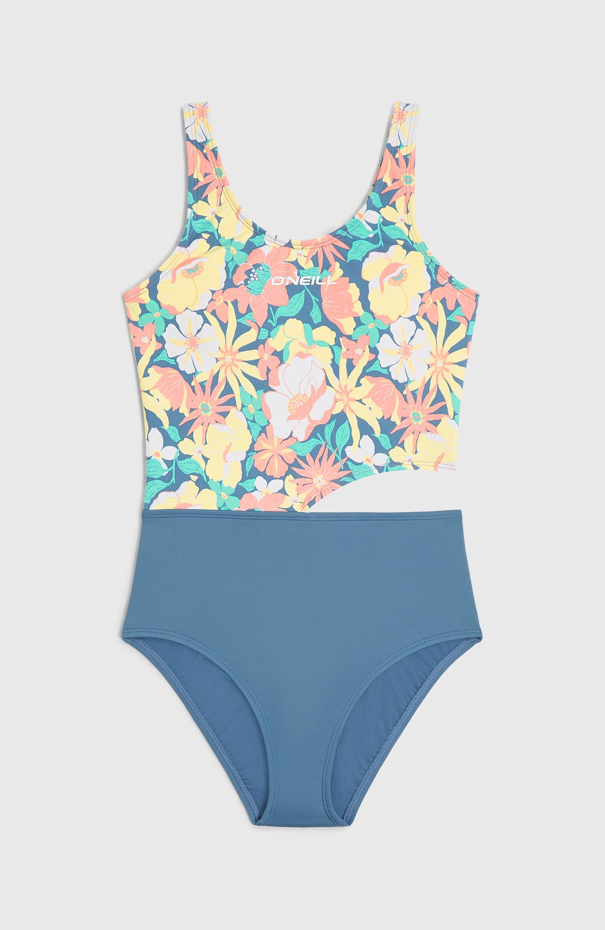 Cali Holiday Badeanzug für Mädchen, blau mit Blumenmuster in Gelb und Rosa, flach liegend von vorne mit Cut-out