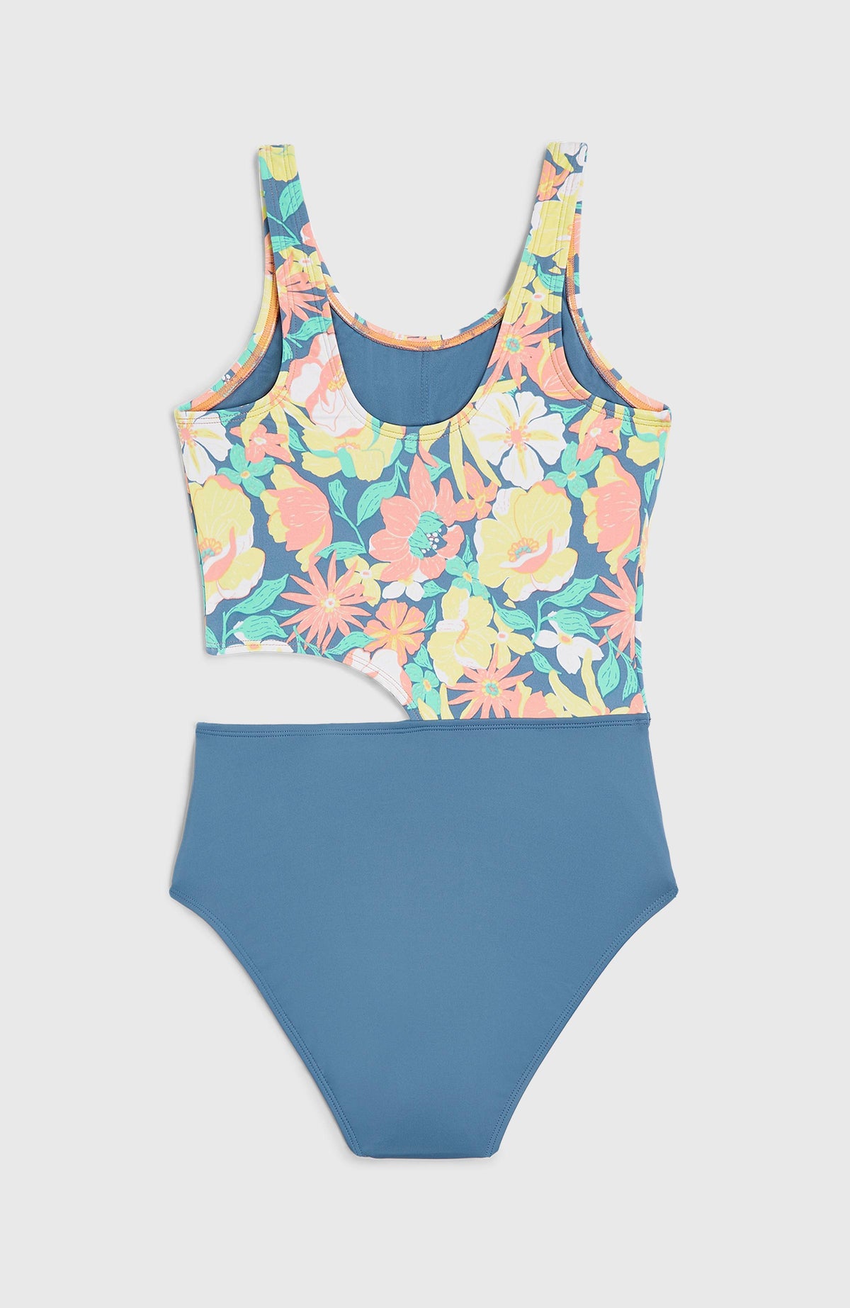 Cali Holiday Badeanzug für Mädchen, blau mit Blumenmuster in Gelb und Rosa, flach liegend von hinten