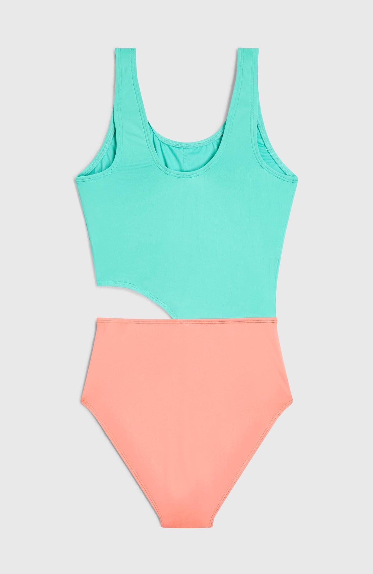 Cali Holiday Badeanzug für Mädchen, blau, flach liegend von hinten mit rundem Rückenausschnitt und Cut-out
