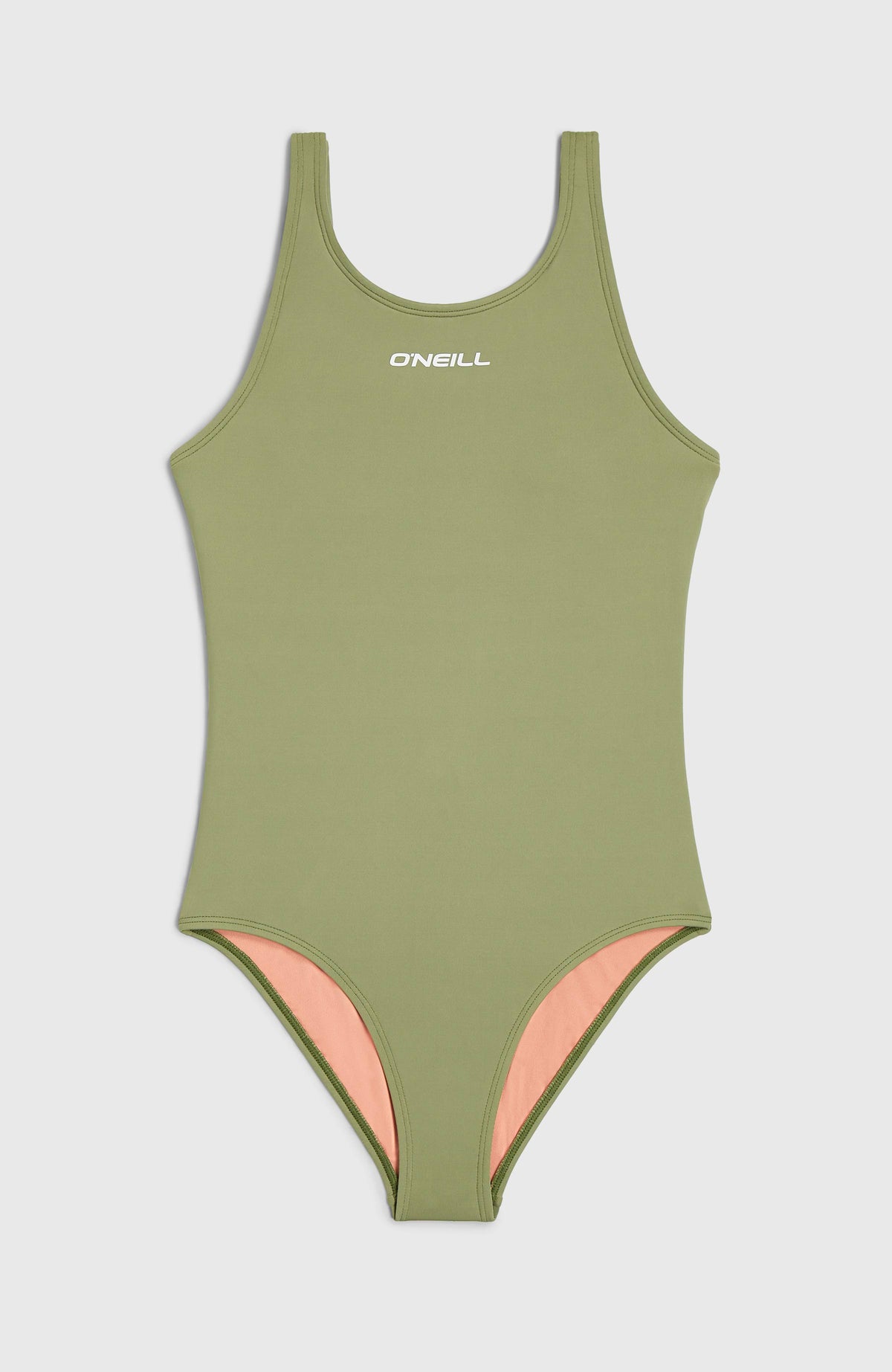 Essentials Badeanzug für Mädchen, grün, flach liegend von vorne mit weißem Logo-Print