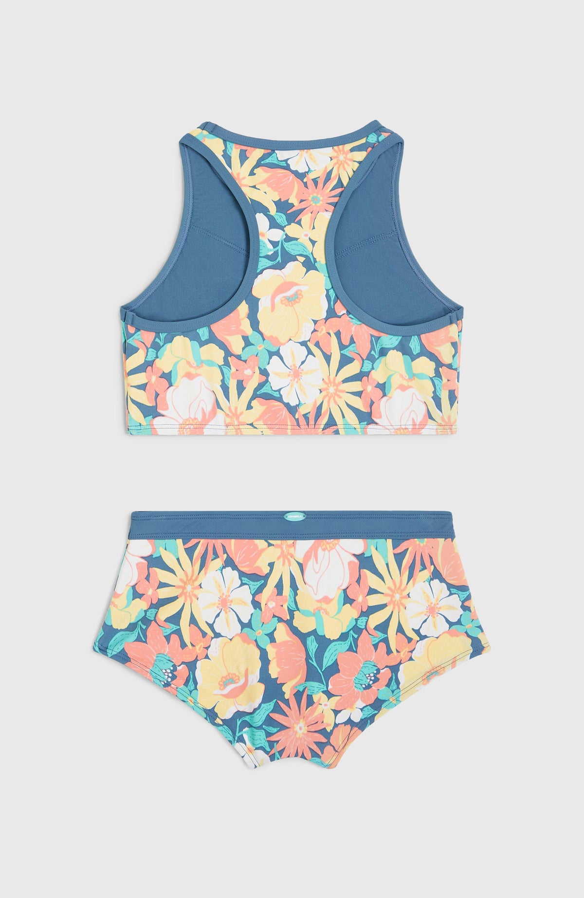 Cali Holiday Bikini-Set für Mädchen, blau mit Blumenmuster in Gelb und Rosa, flach liegend von hinten mit Racerback