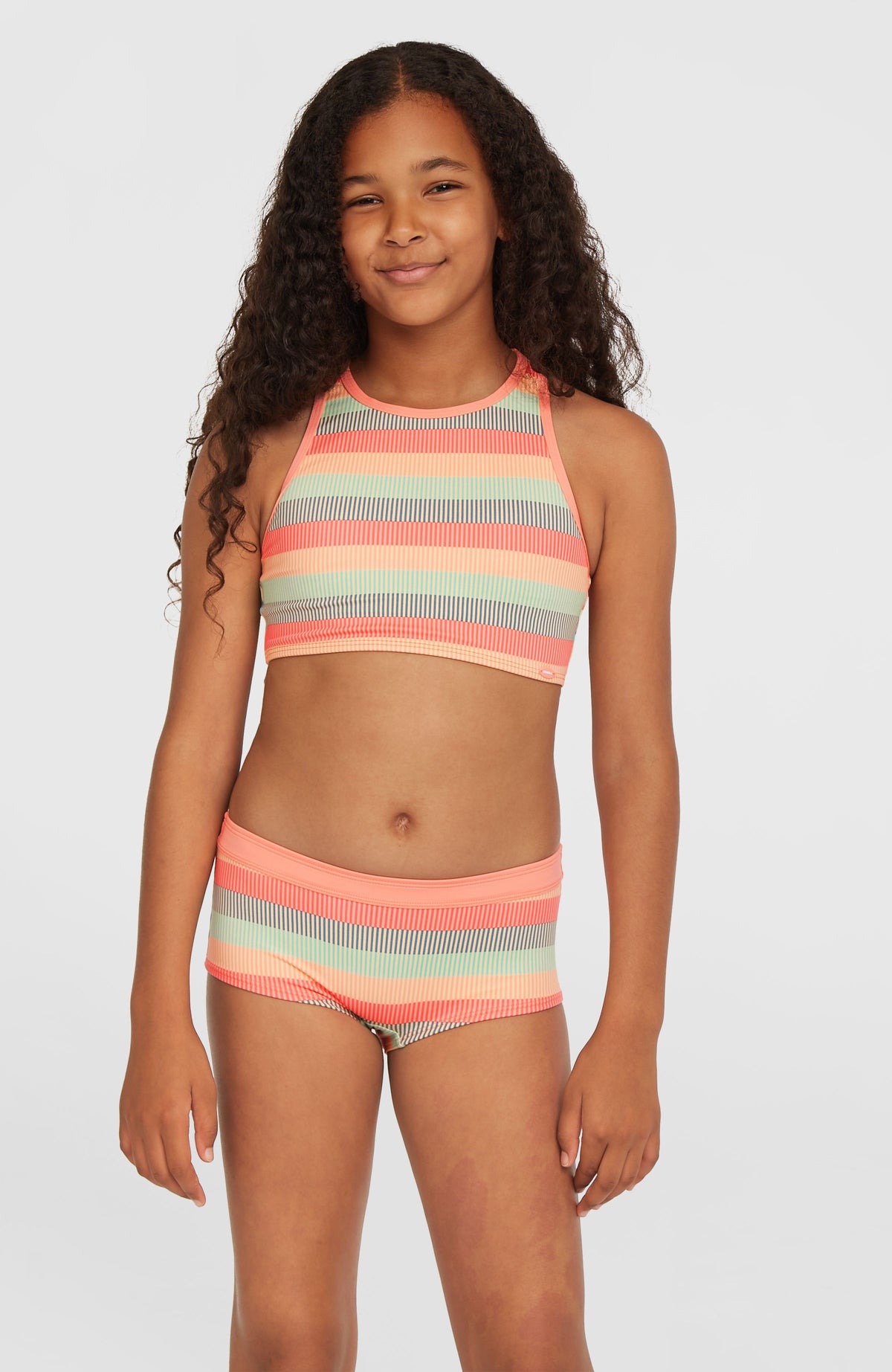O'Neill Cali Holiday Bikini-Set für Mädchen, grün mit Streifenmuster in Orange und Türkis, Vorderansicht