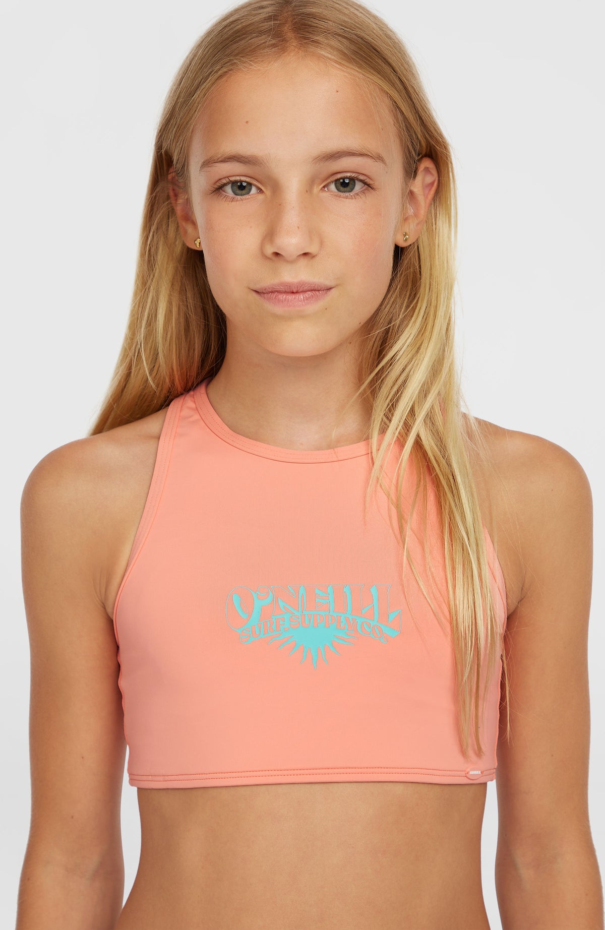 Cali Holiday Bikini-Set für Mädchen, pink mit Logo-Print in Türkis, Nahaufnahme des Oberteils