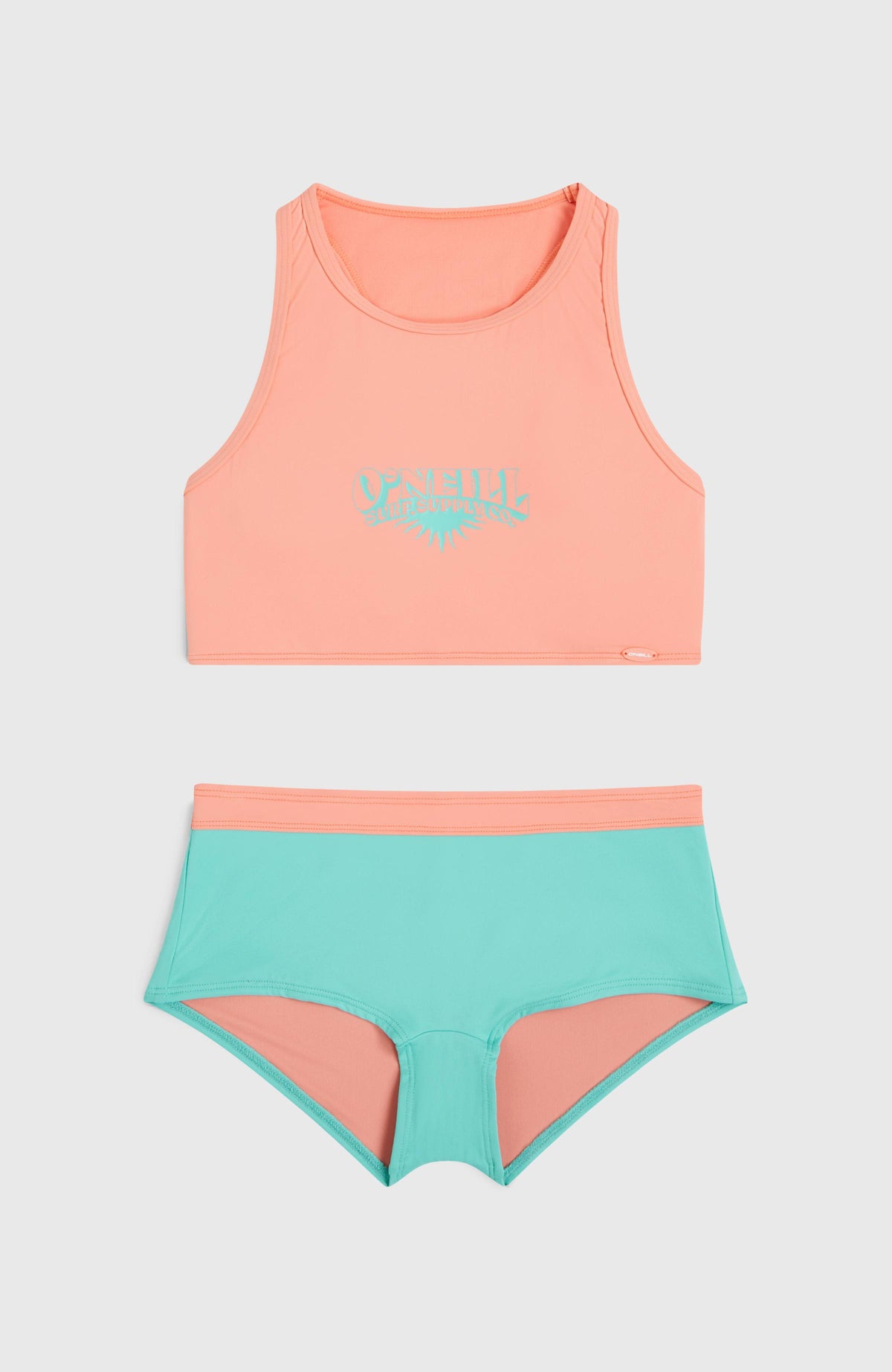 Cali Holiday Bikini-Set für Mädchen, pink mit Logo-Print in Türkis, flach liegend von vorne