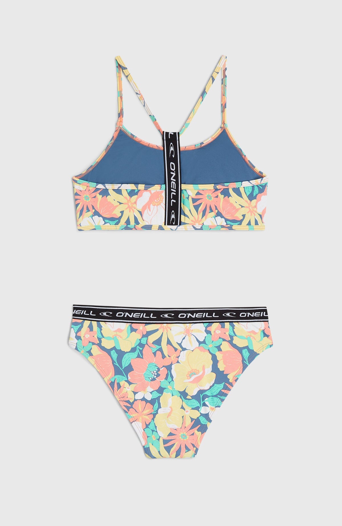 Sportclub Bikini-Set für Mädchen, blau mit Blumenmuster in Gelb und Rosa, flach liegend von hinten