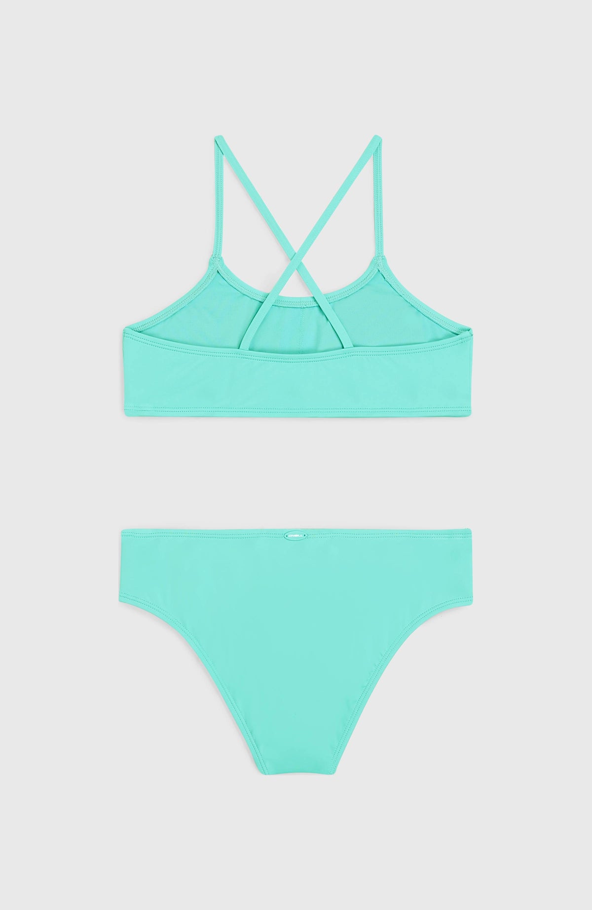 Essentials Bralette-Bikini-Set für Mädchen, blau, flach liegend von hinten mit überkreuzten Trägern