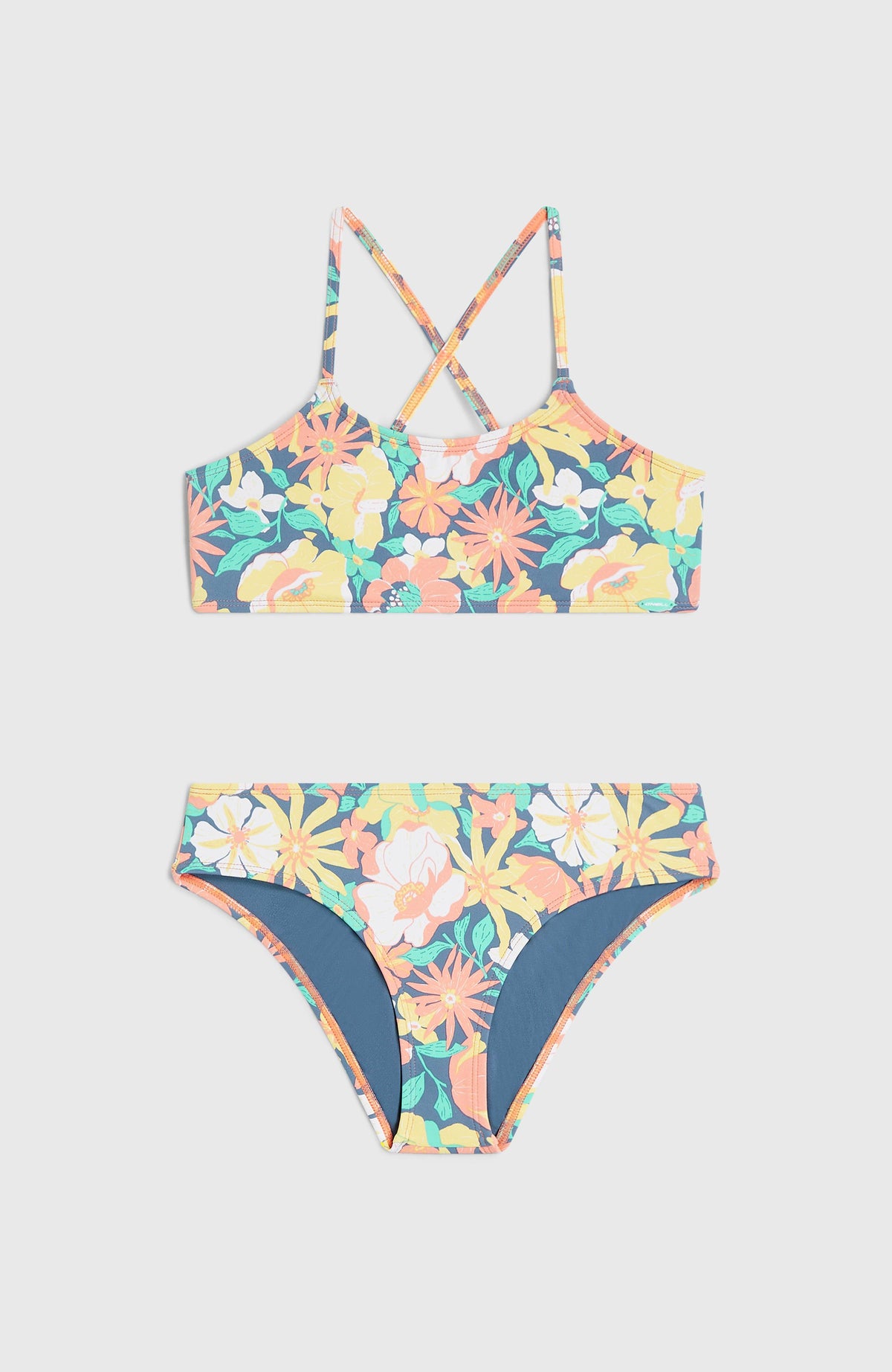 Essentials Bralette-Bikini-Set, blau mit Blumenmuster in Gelb und Rosa, flach liegend von vorne