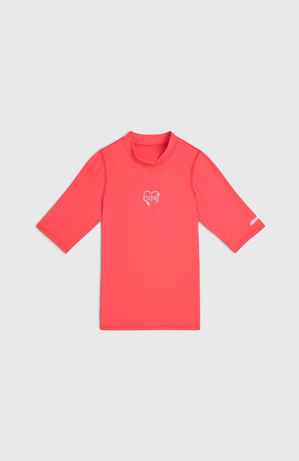 Essentials Shortsleeve-Schwimmshirt für Mädchen, pink mit Logo-Print in Weiß, Produkt flach liegend von vorne