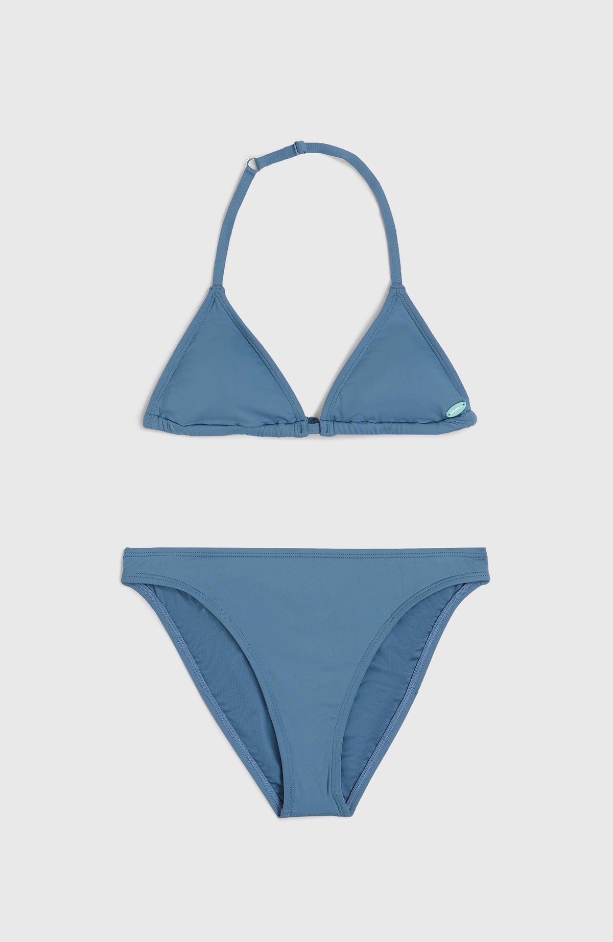 Essentials Triangel-Bikini-Set für Mädchen, blau, flach liegend von vorne mit Triangel-Top und Bikinihose