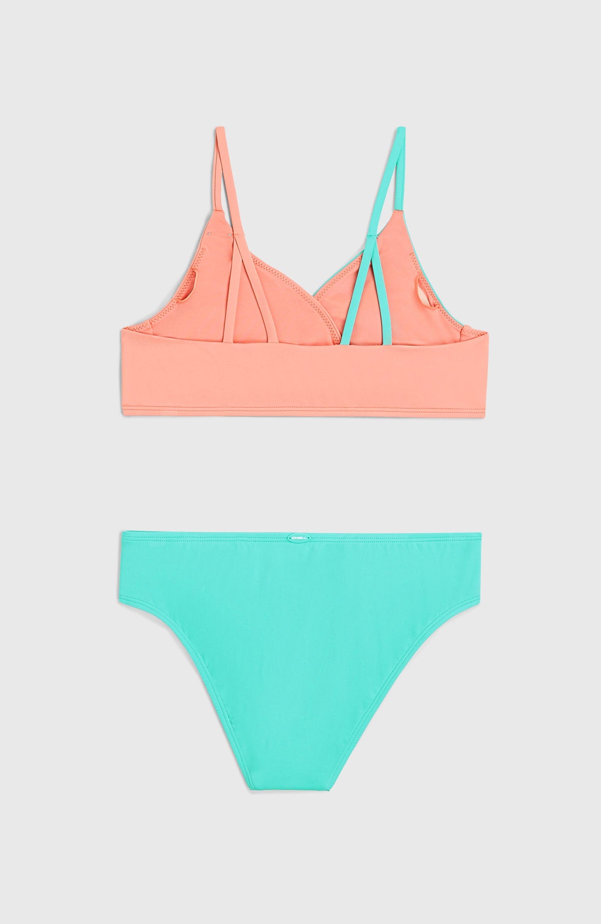 Blaues Bralette-Bikini-Set für Mädchen, flach liegend von hinten, Rückseite des Sets