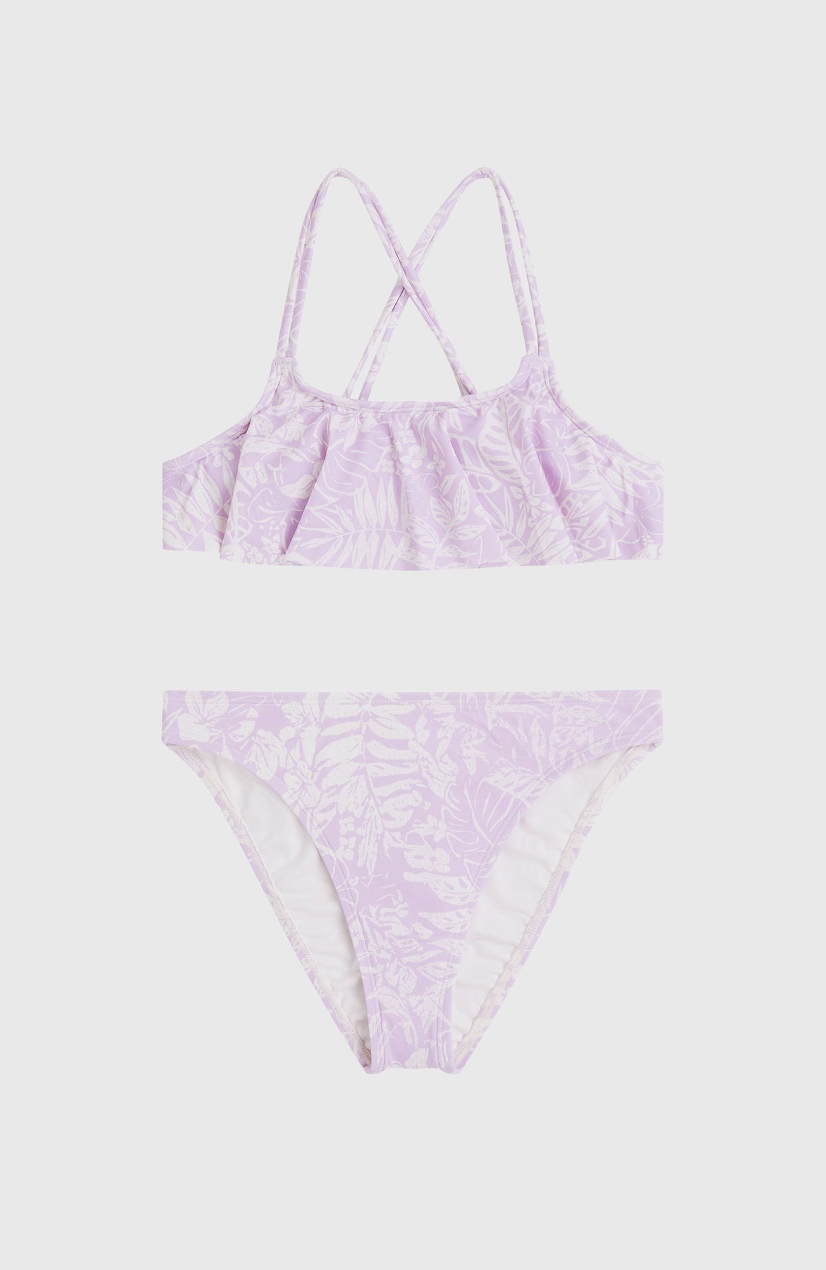 Tropics Bikini-Set für Mädchen, lila mit Tropenmuster in Weiß, flach liegend von vorne