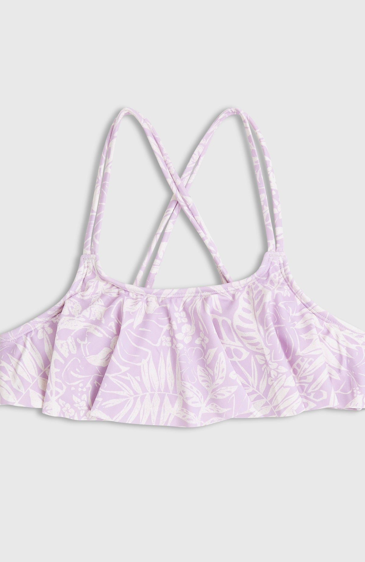 Tropics Bikini-Set für Mädchen, lila mit Tropenmuster in Weiß, Nahaufnahme des Oberteils flach liegend