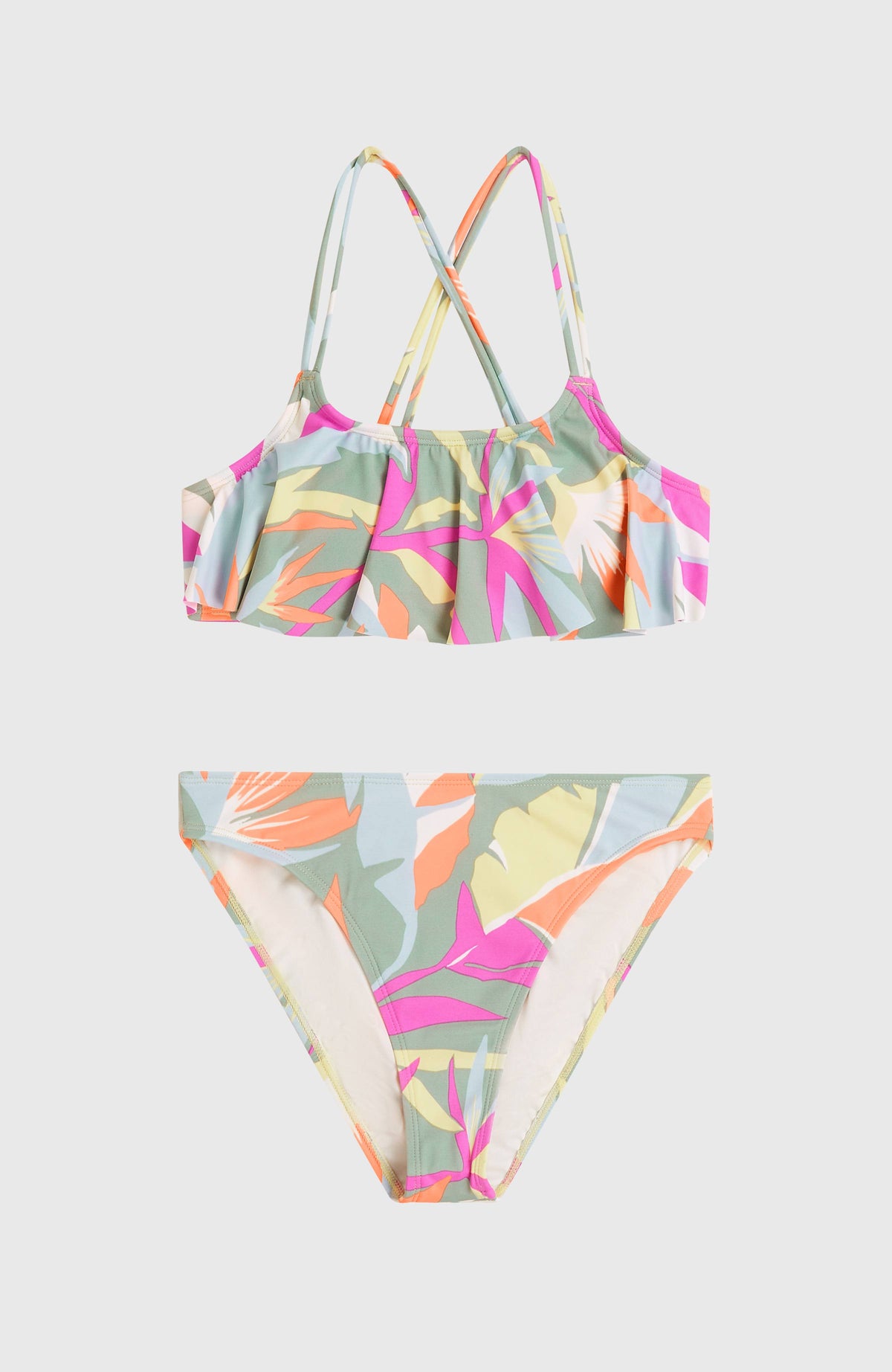Tropics Bikini-Set für Mädchen, grün mit Tropenmuster in Pink und Orange, flach liegend von vorne