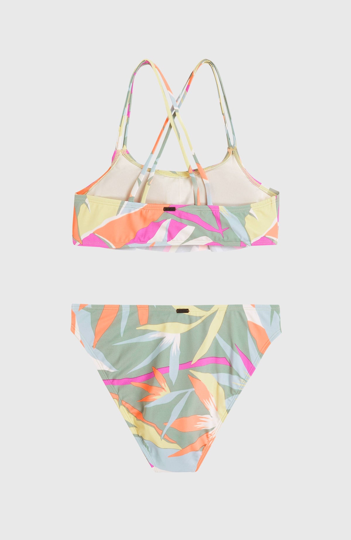 Tropics Bikini-Set für Mädchen, grün mit Tropenmuster in Pink und Orange, flach liegend von hinten