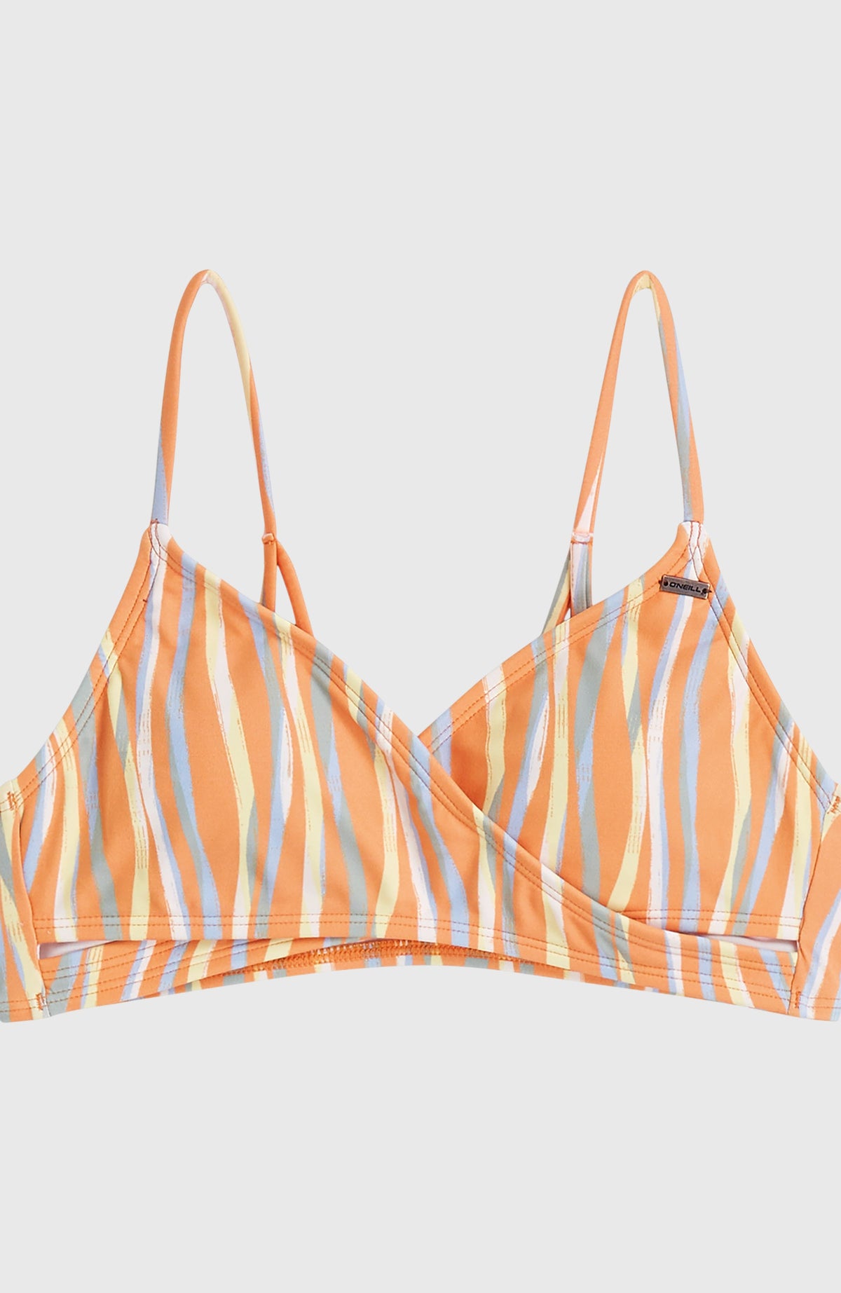 Essentials Baay Bikini-Set, orange mit Streifenmuster in Blau und Gelb, Nahaufnahme des Oberteils flach liegend
