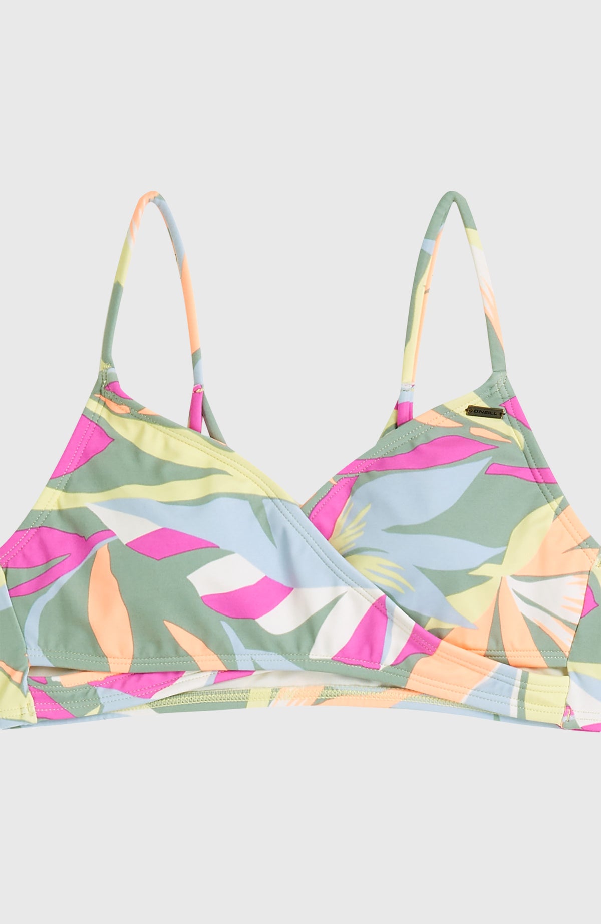 Essentials Baay Bikini-Set für Mädchen, grün mit Tropenmuster in Pink und Orange, Nahaufnahme des Bralette-Oberteils