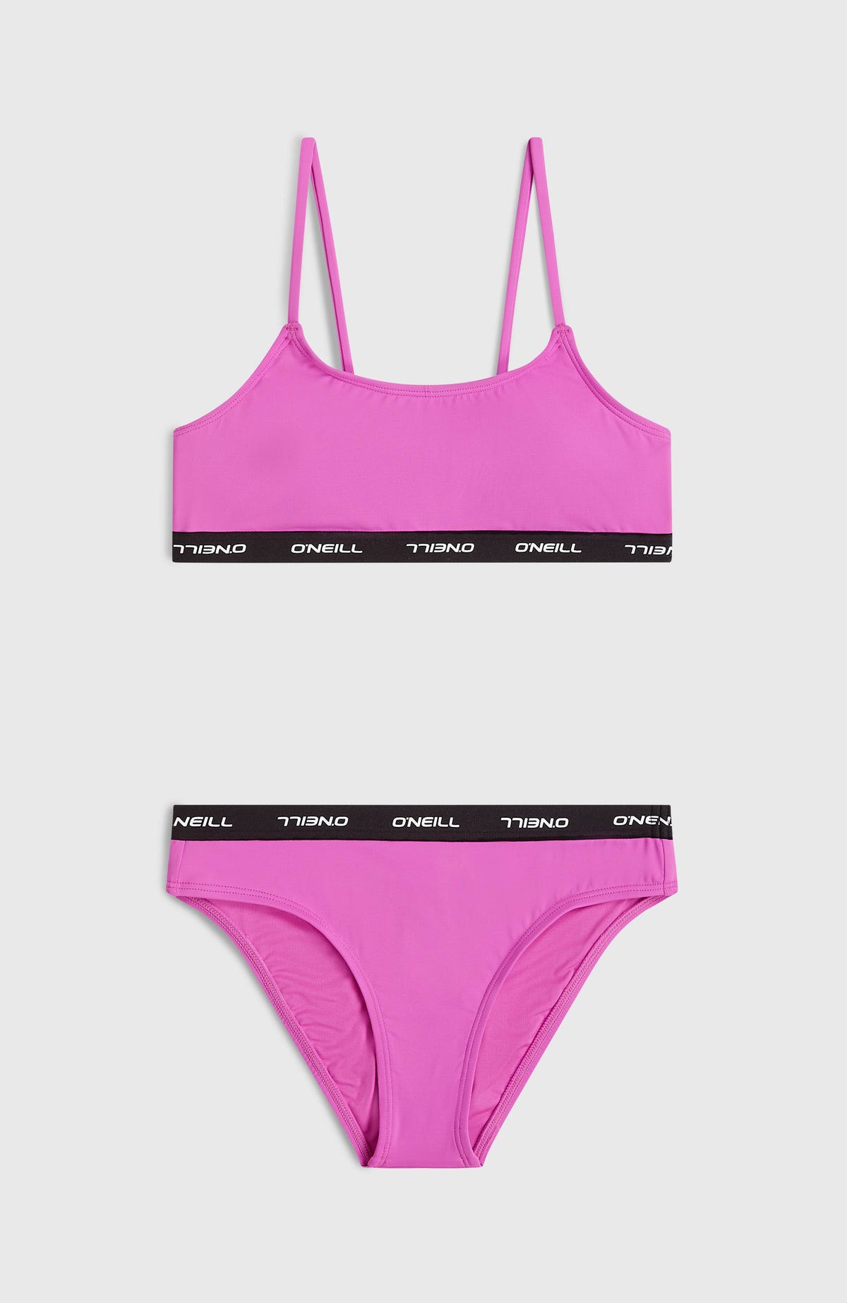 Sport Bikini-Set für Mädchen, lila, flach liegend von vorne, Oberteil und Bikinihose mit Logo-Bund