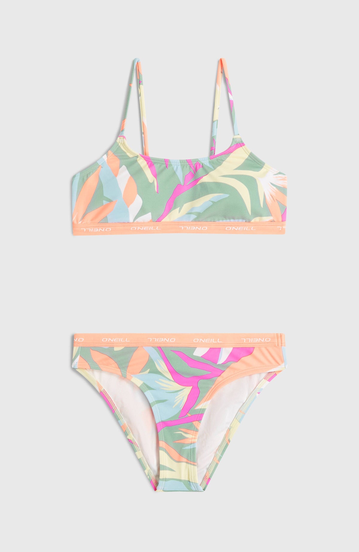 Sport Bikini-Set für Mädchen, grün mit Tropenmuster in Pink und Orange, Oberteil und Hose flach liegend von vorne
