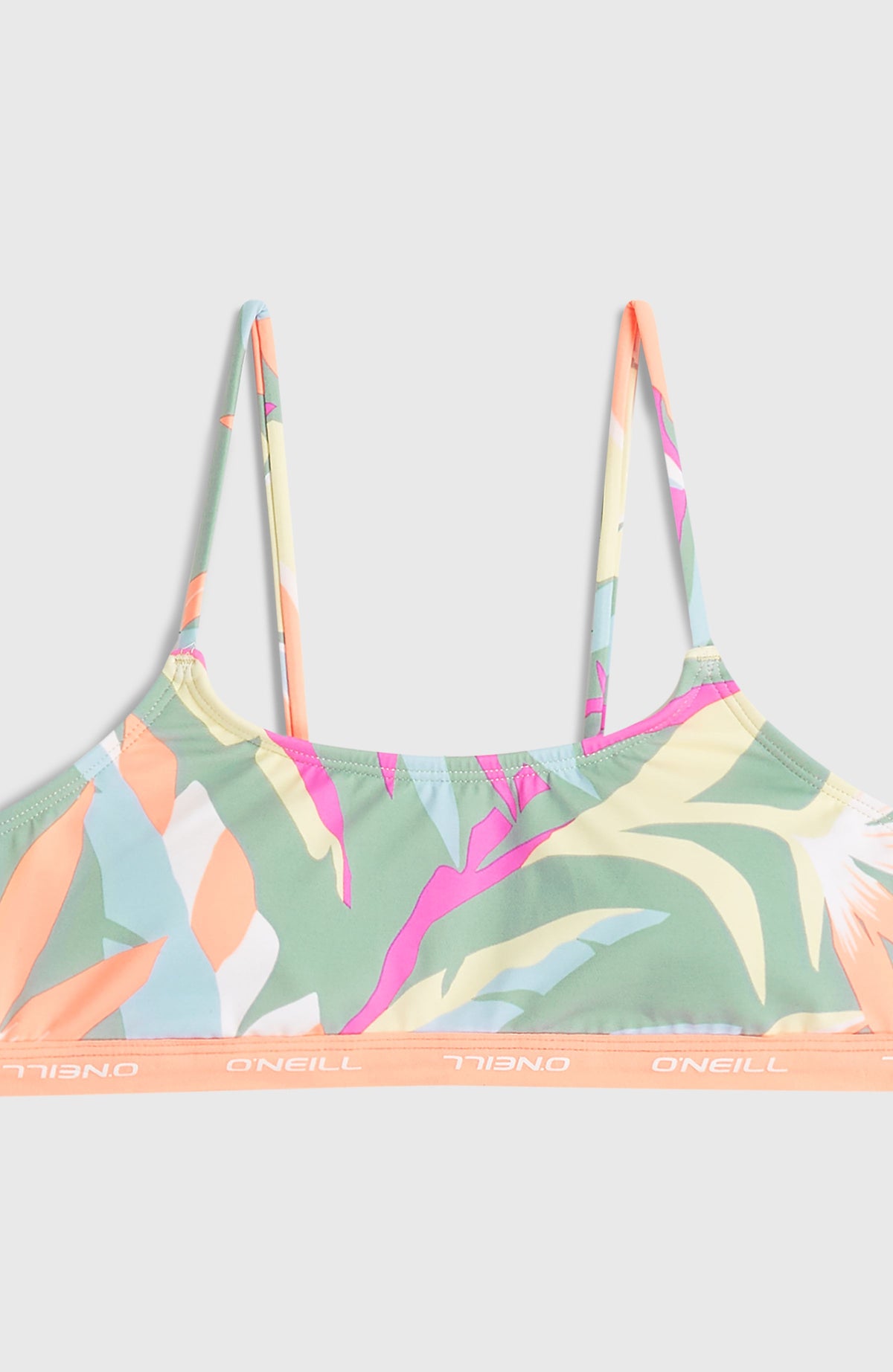 Sport Bikini-Set für Mädchen, grün mit Tropenmuster in Pink und Orange, flach liegendes Oberteil in Nahaufnahme