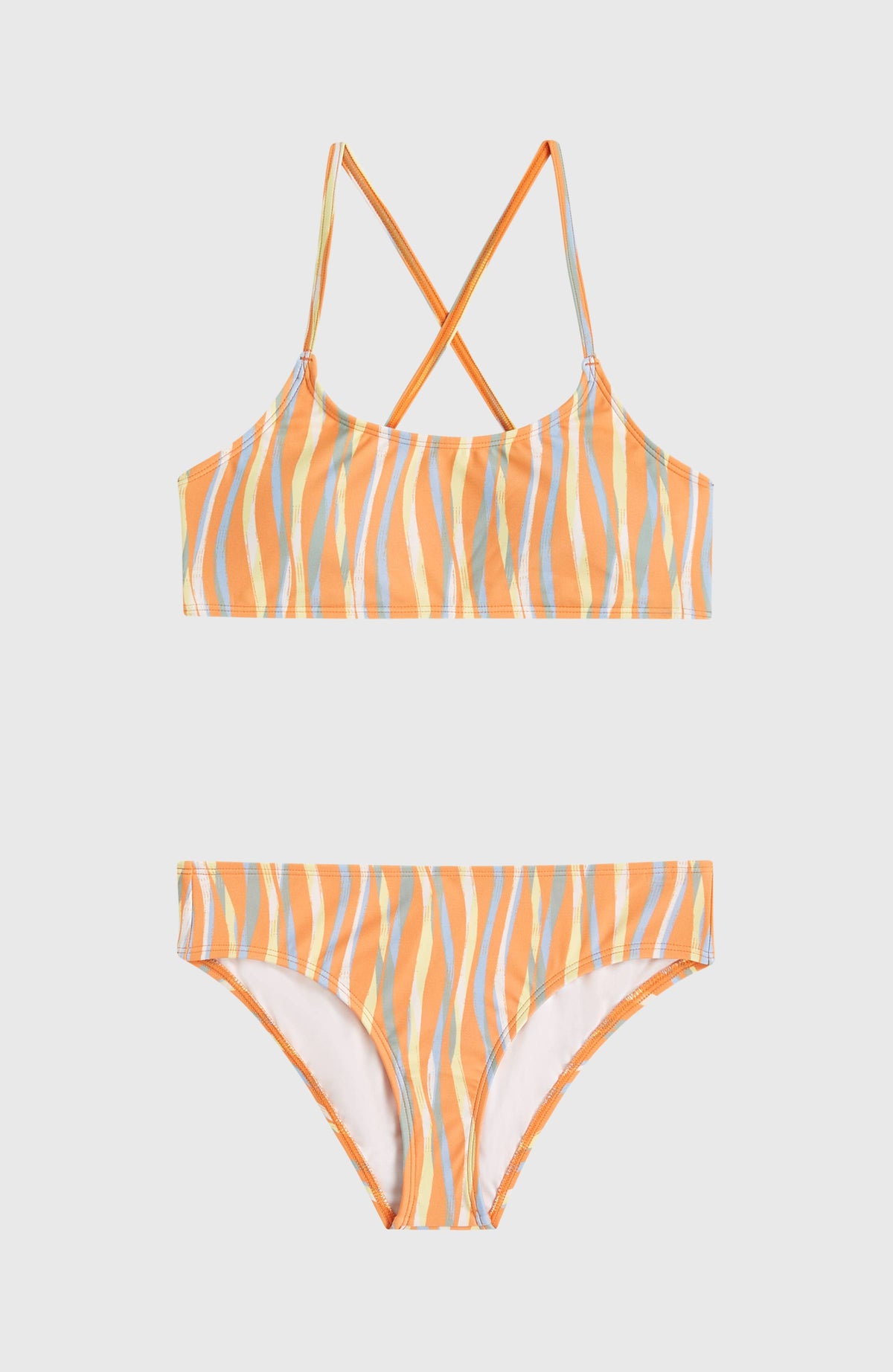 Essentials Bralette-Bikini-Set für Mädchen, orange mit Streifenmuster in Blau und Gelb, flach liegend von vorne