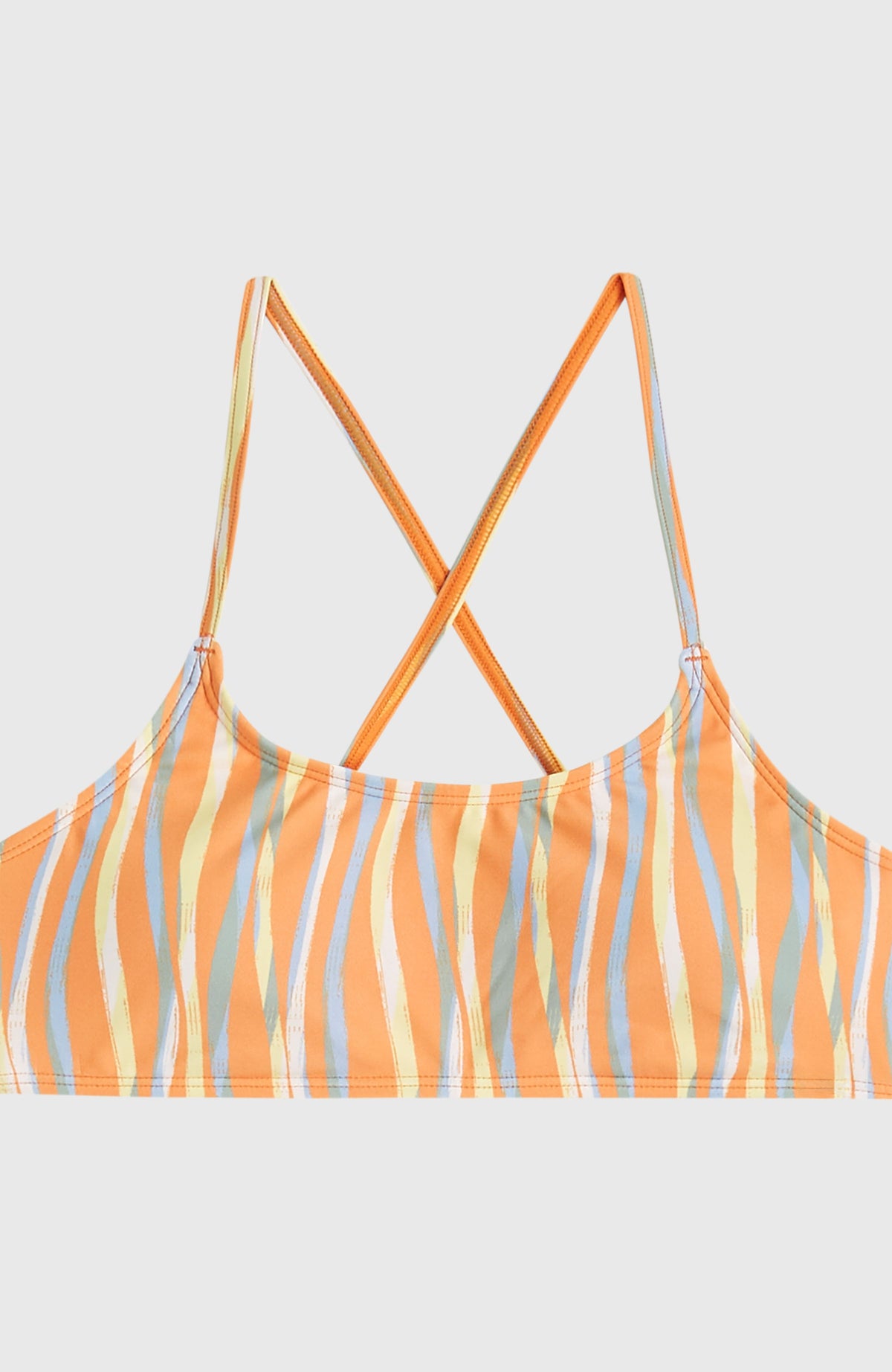 Essentials Bralette-Bikini-Set für Mädchen, orange mit Streifenmuster, Nahaufnahme des Oberteils, flach liegend