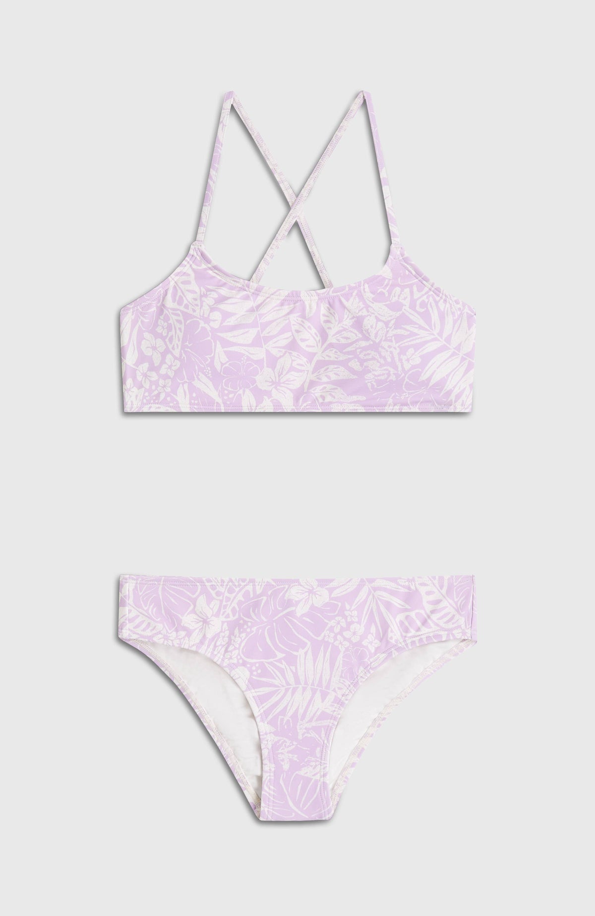 Essentials Bralette-Bikini-Set für Mädchen, lila mit Blumenmuster in Weiß, flach liegend von vorne