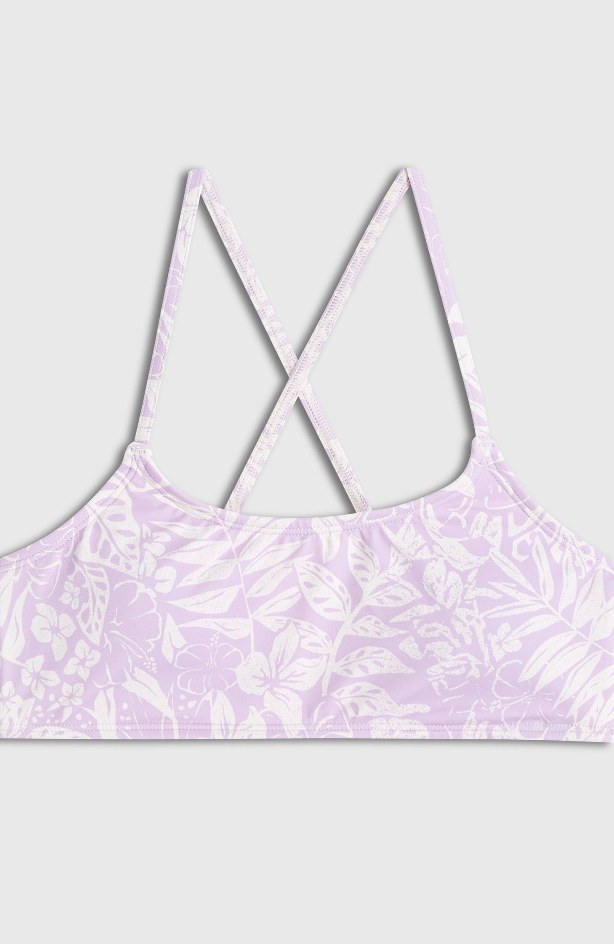 Nahaufnahme des Oberteils vom Essentials Bralette-Bikini-Set, lila mit Blumenmuster in Weiß, flach liegend
