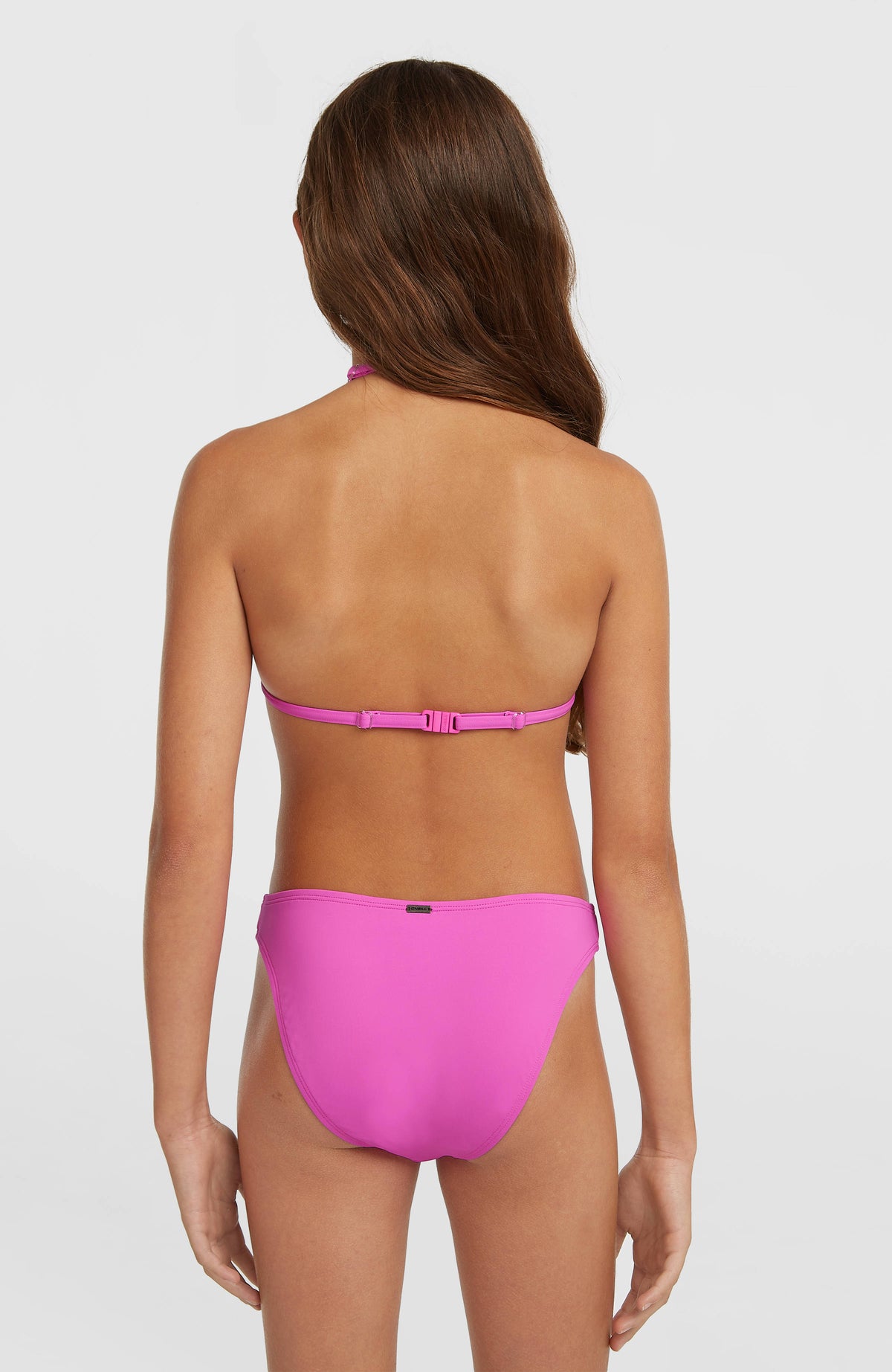 Essentials Triangel-Bikini-Set für Mädchen, lila, Rückansicht am Model, Verschluss an der Rückseite