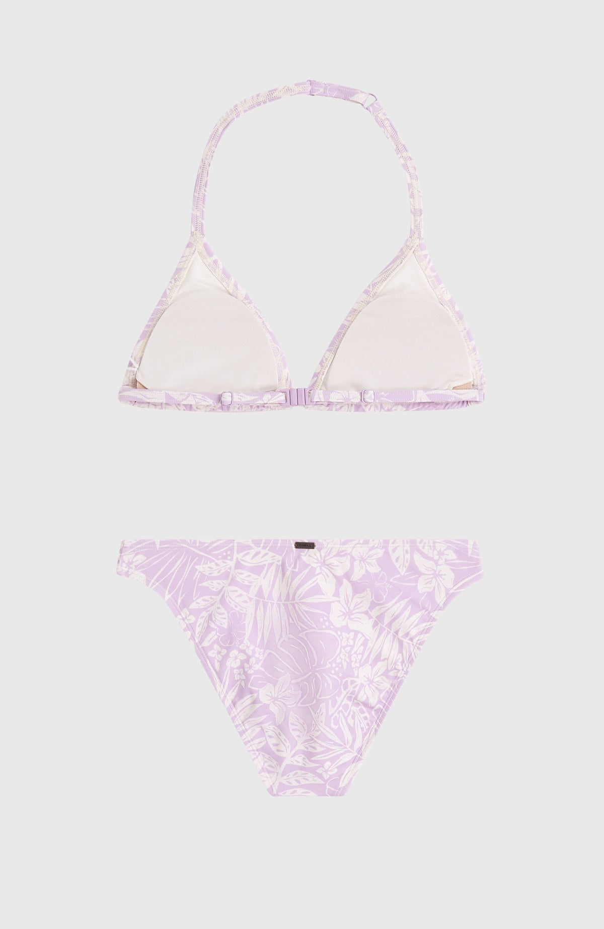 Essentials Triangel-Bikini-Set für Mädchen, lila mit Blumenmuster in Weiß, flach liegend von hinten
