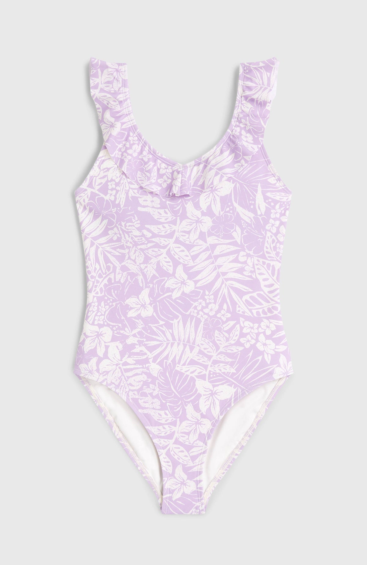Tropics Badeanzug für Mädchen, lila mit Blumenmuster in Weiß, flach liegend von vorne mit Rüschenträgern