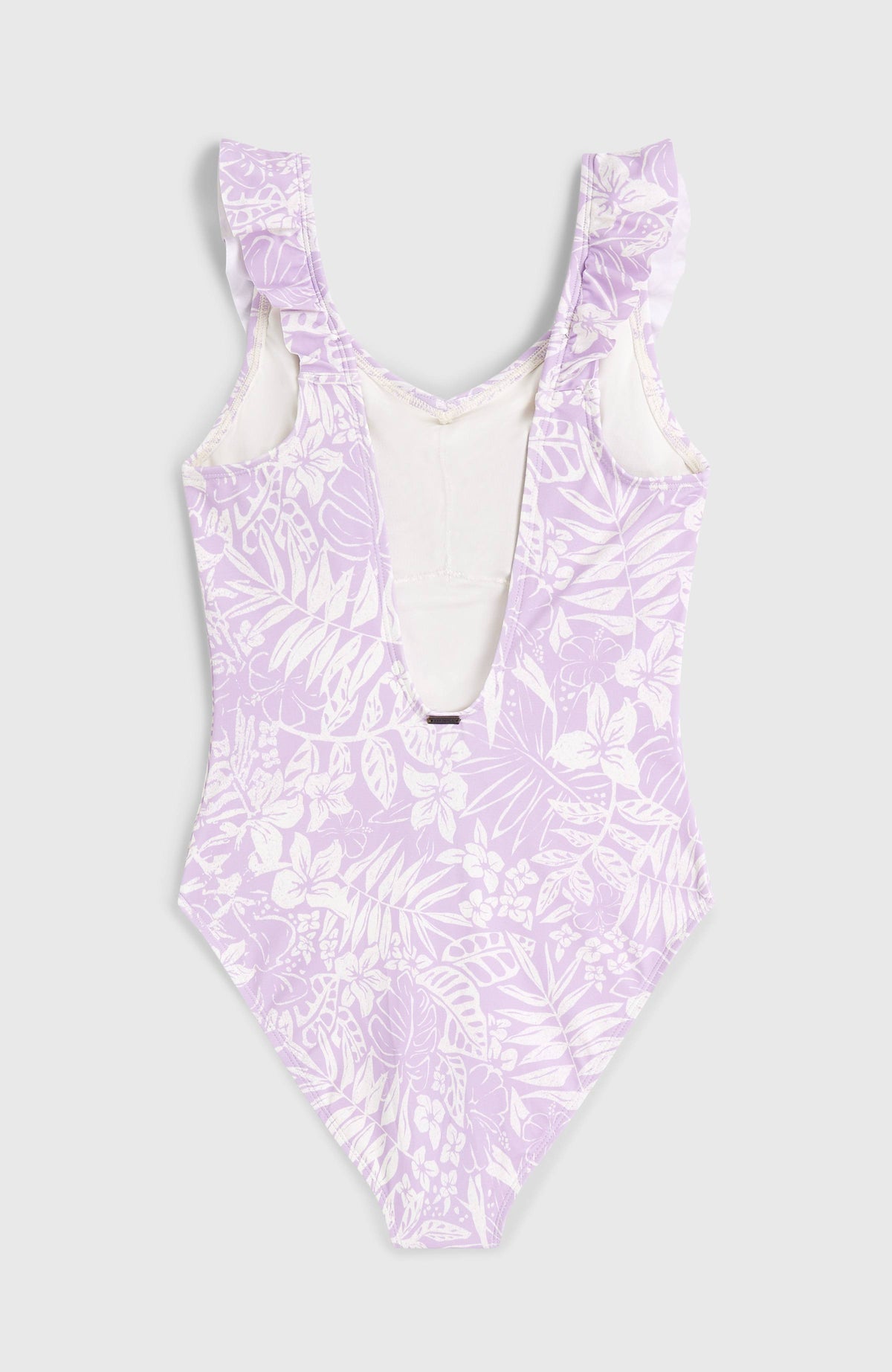 Tropics Badeanzug für Mädchen, lila mit Blumenmuster in Weiß, flach liegend von hinten mit tiefem Rückenausschnitt