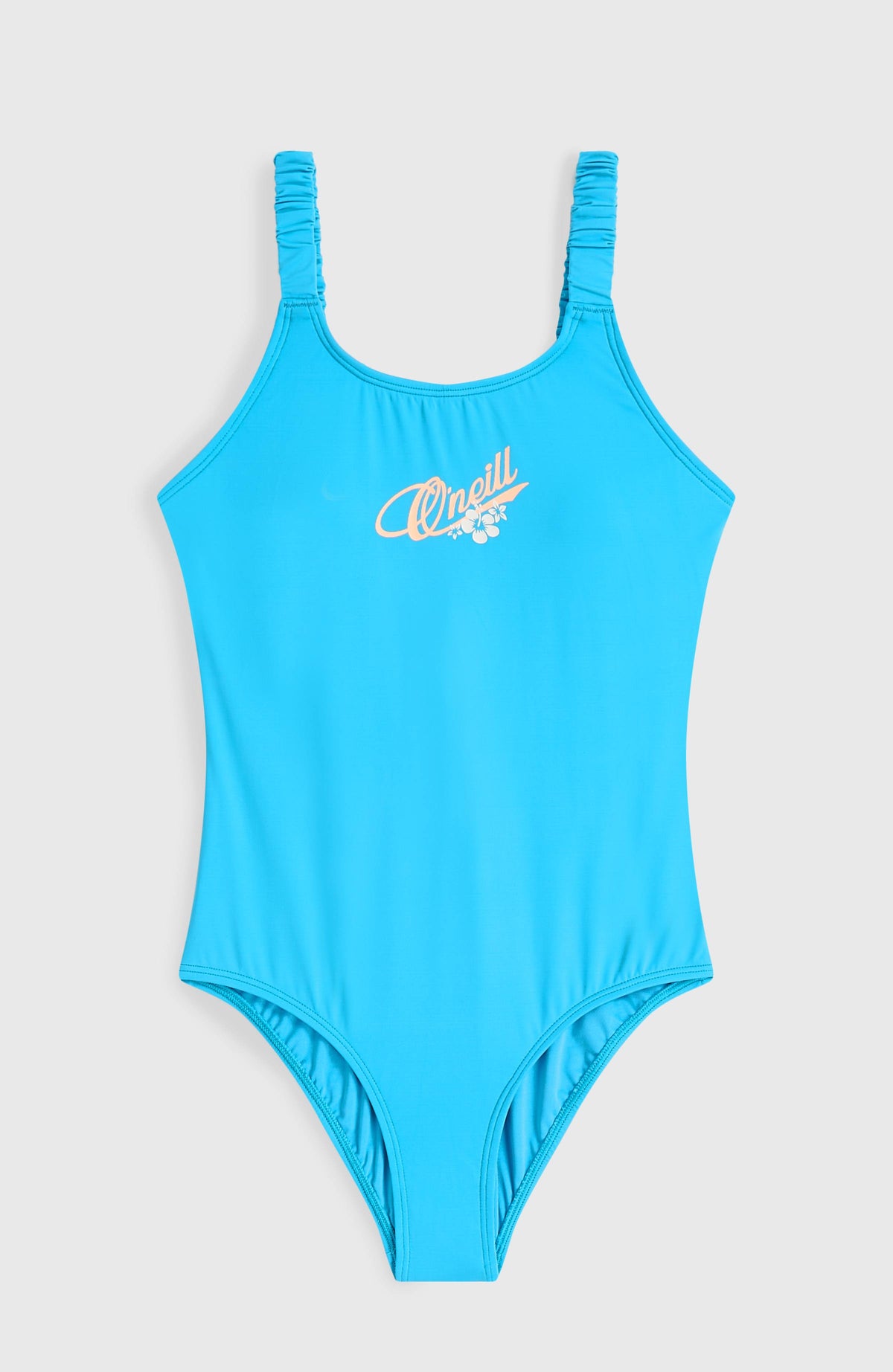Blauer Holiday Badeanzug für Mädchen, flach liegend von vorne, mit Logo-Print und elastisch gerafften Trägern