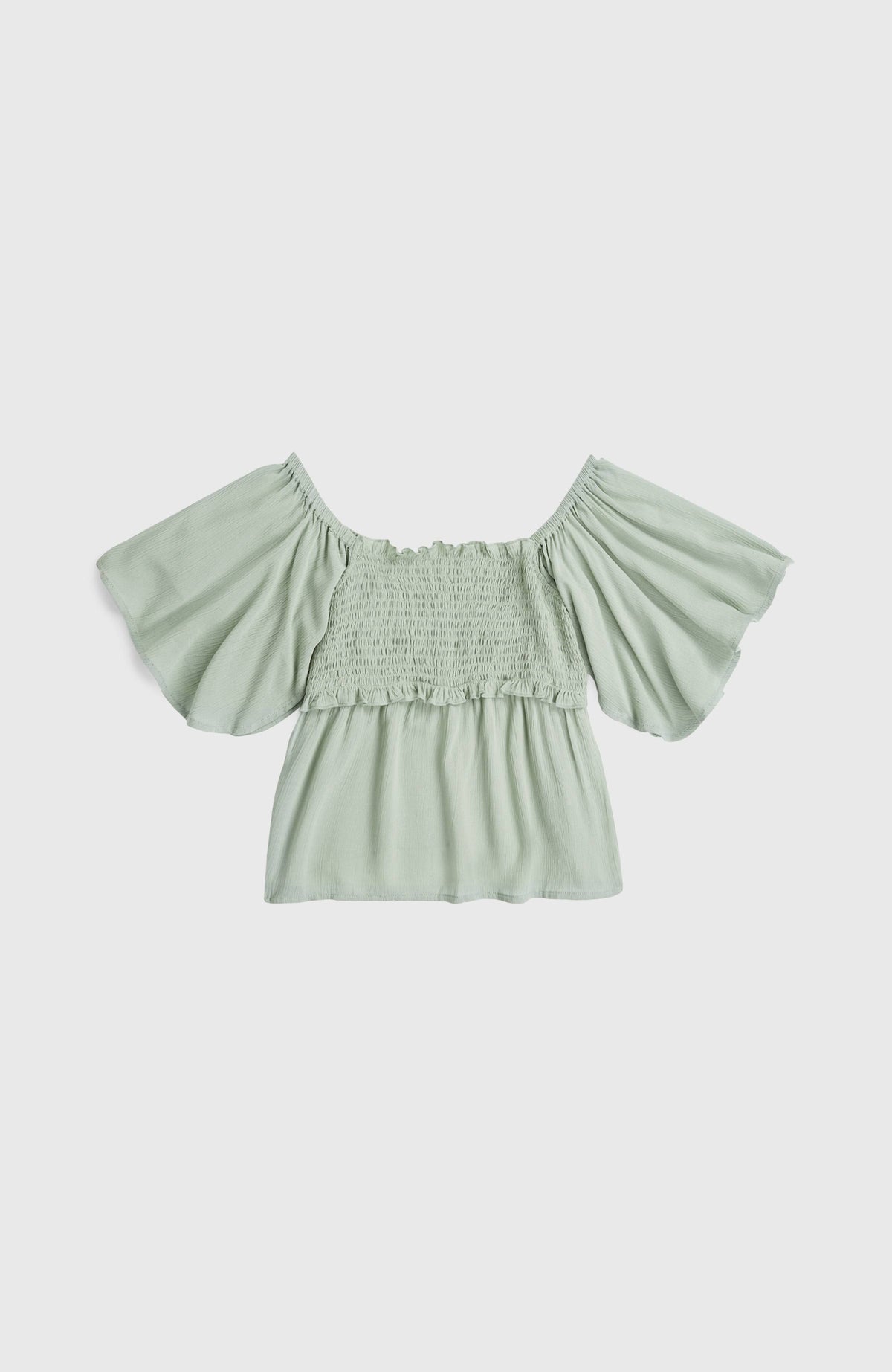 Woven T-Shirt für Mädchen, grün, flach liegend von vorne mit weiten Ärmeln