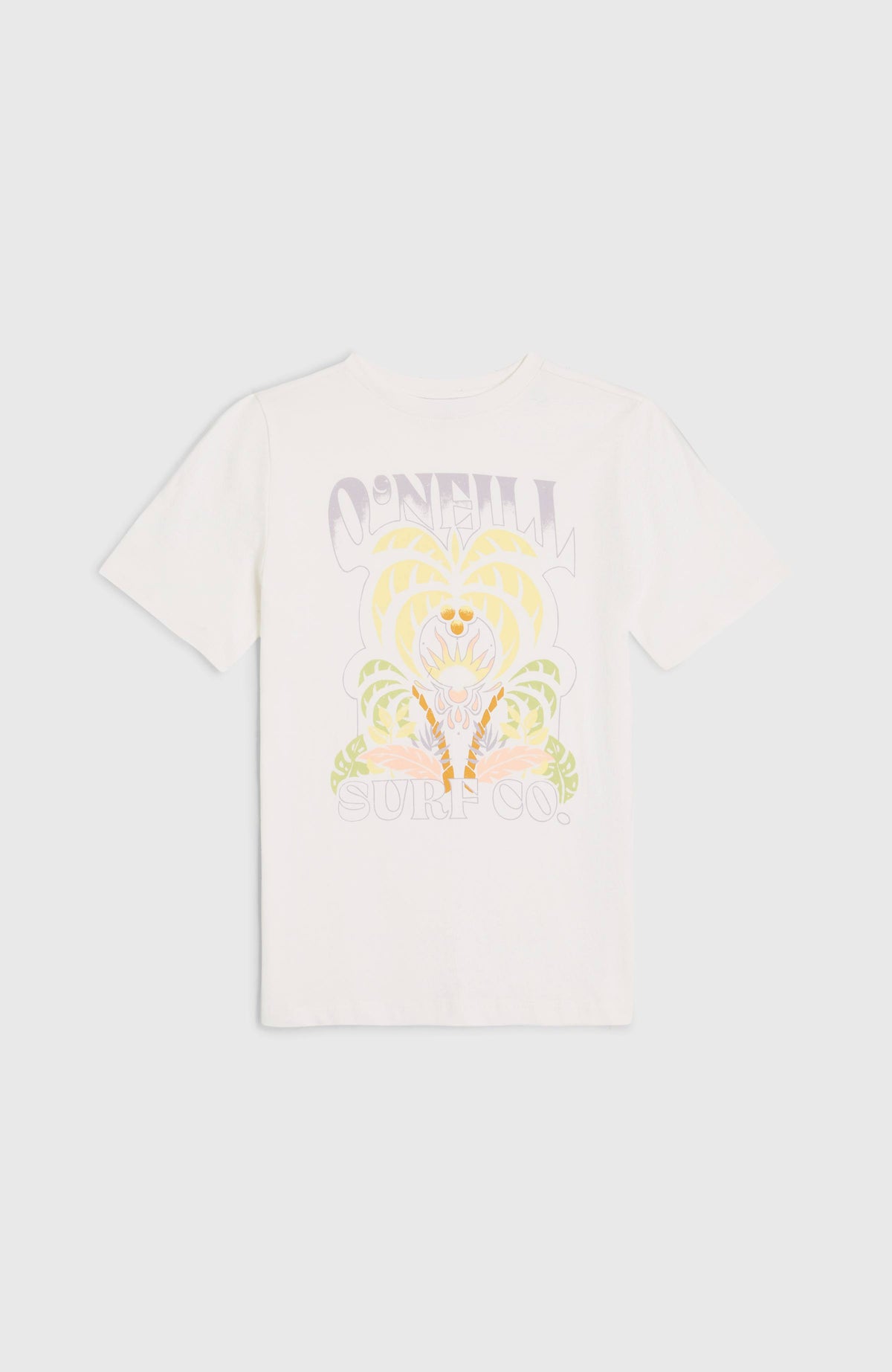 O'Neill Front Graphic T-Shirt für Mädchen, weiß mit Grafik-Print in Gelb und Grün, flach liegend von vorne