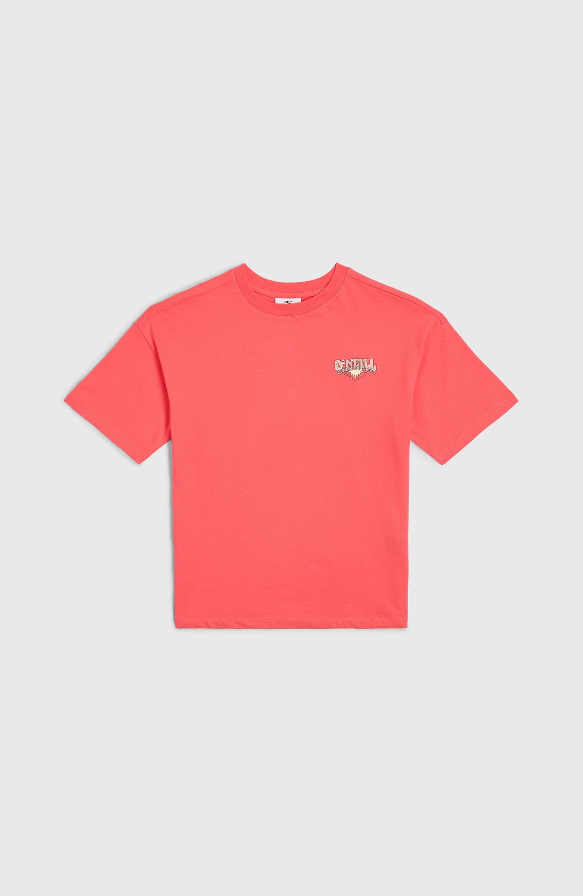 Back Print T-Shirt für Mädchen, pink mit Logo-Print in Weiß und Gelb, flach liegend von vorne