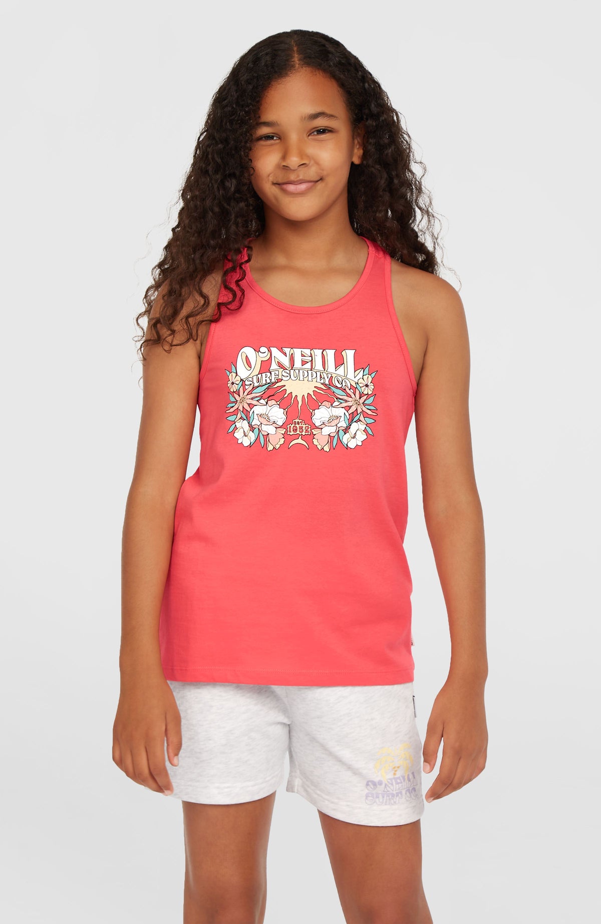 O'Neill Summer Graphic Tanktop für Mädchen, pink mit Grafik-Print in Weiß und Türkis, Vorderansicht am Model