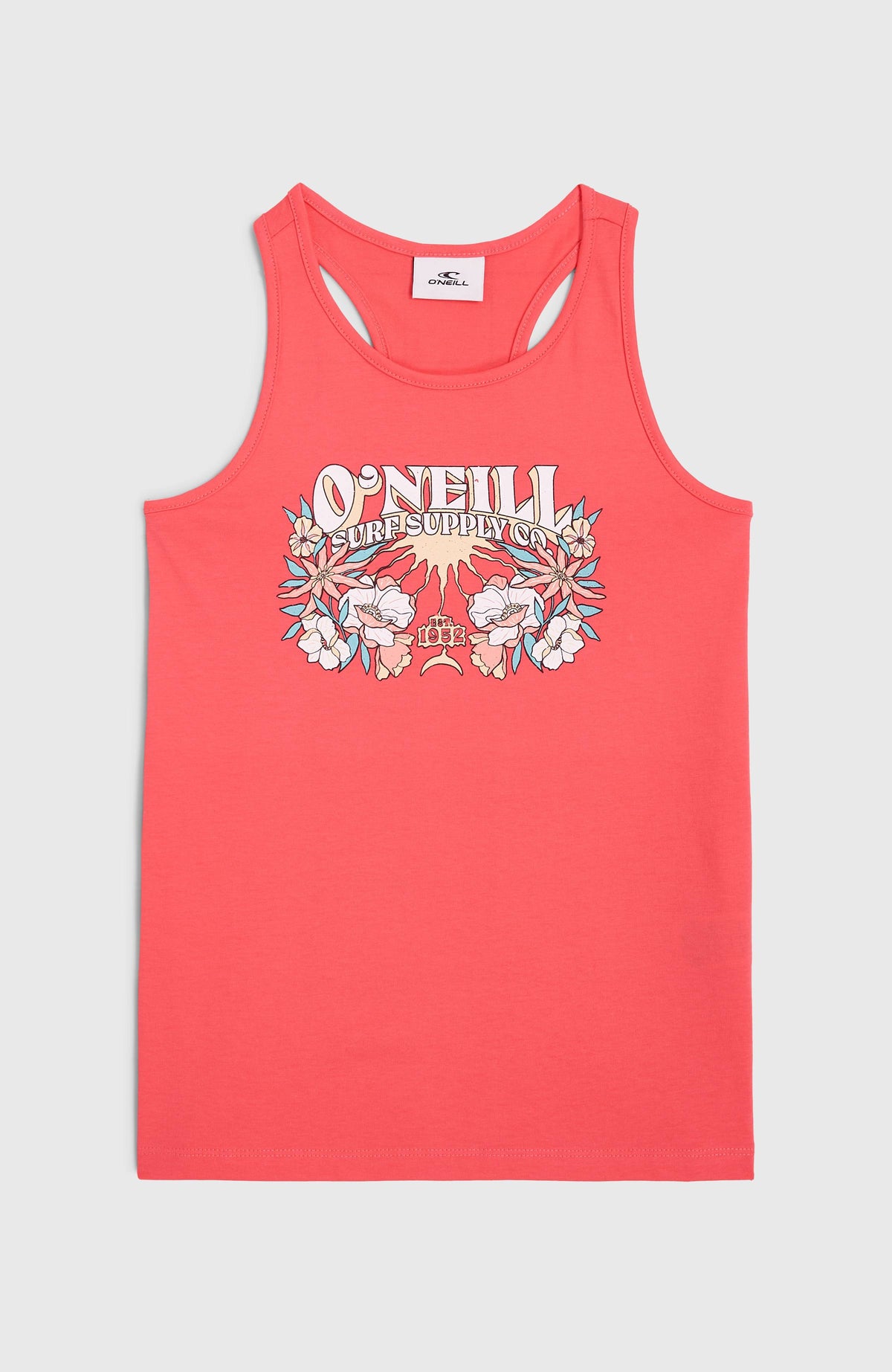 Pinkes Summer Graphic Tanktop für Mädchen mit Grafik-Print in Weiß und Türkis, flach liegend von vorne