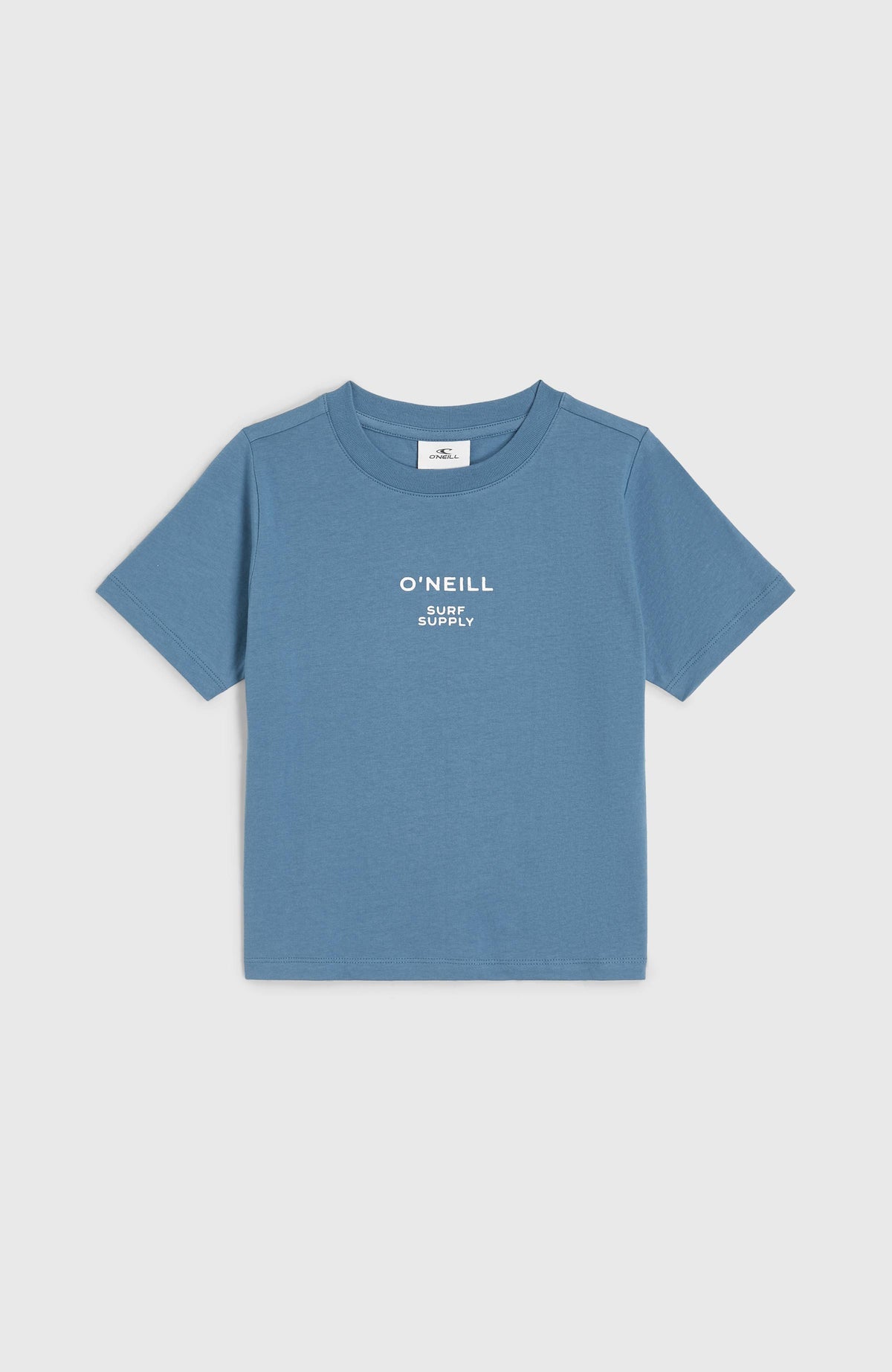 Short Graphic T-Shirt für Mädchen, blau mit Logo-Print in Weiß auf der Vorderseite, flach liegend von vorne